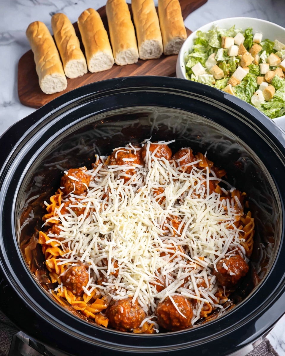 A black slow cooker filled with a layered pasta dish: the bottom layer is orange pasta mixed with chunky reddish-brown meatballs, topped with a generous layer of white shredded cheese scattered unevenly across the surface. Behind the cooker, there are several golden-brown breadsticks placed in a row on a white marbled surface. To the right, a white bowl holds a green salad with light brown croutons and dressing on top. The whole scene is set on a white marbled table, photo taken with an iphone --ar 4:5 --v 7