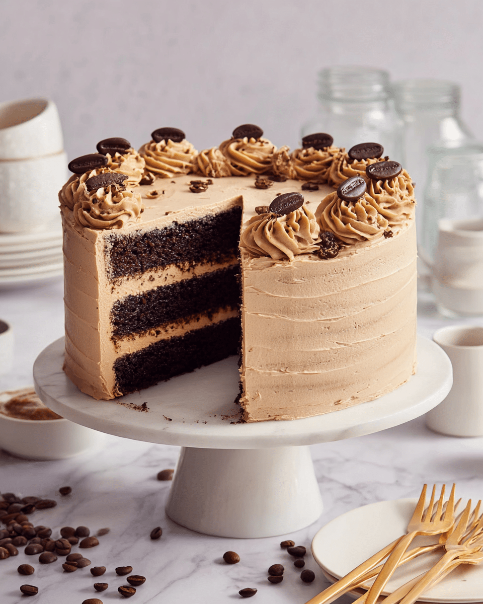 A four-layer round chocolate cake is covered with smooth light brown frosting and sits on a white cake stand. Each dark chocolate cake layer is separated by a thick layer of the same light brown frosting. The top edge of the cake is decorated with swirls of the light brown frosting, each topped with a dark brown coffee bean-shaped decoration and small chocolate pieces. A slice is lifted above the cake, showing all four cake and frosting layers clearly. The scene is set on a white marbled surface with scattered coffee beans, golden forks, a white plate, and blurred glass jars and white stacked cups in the background. Photo taken with an iphone --ar 4:5 --v 7