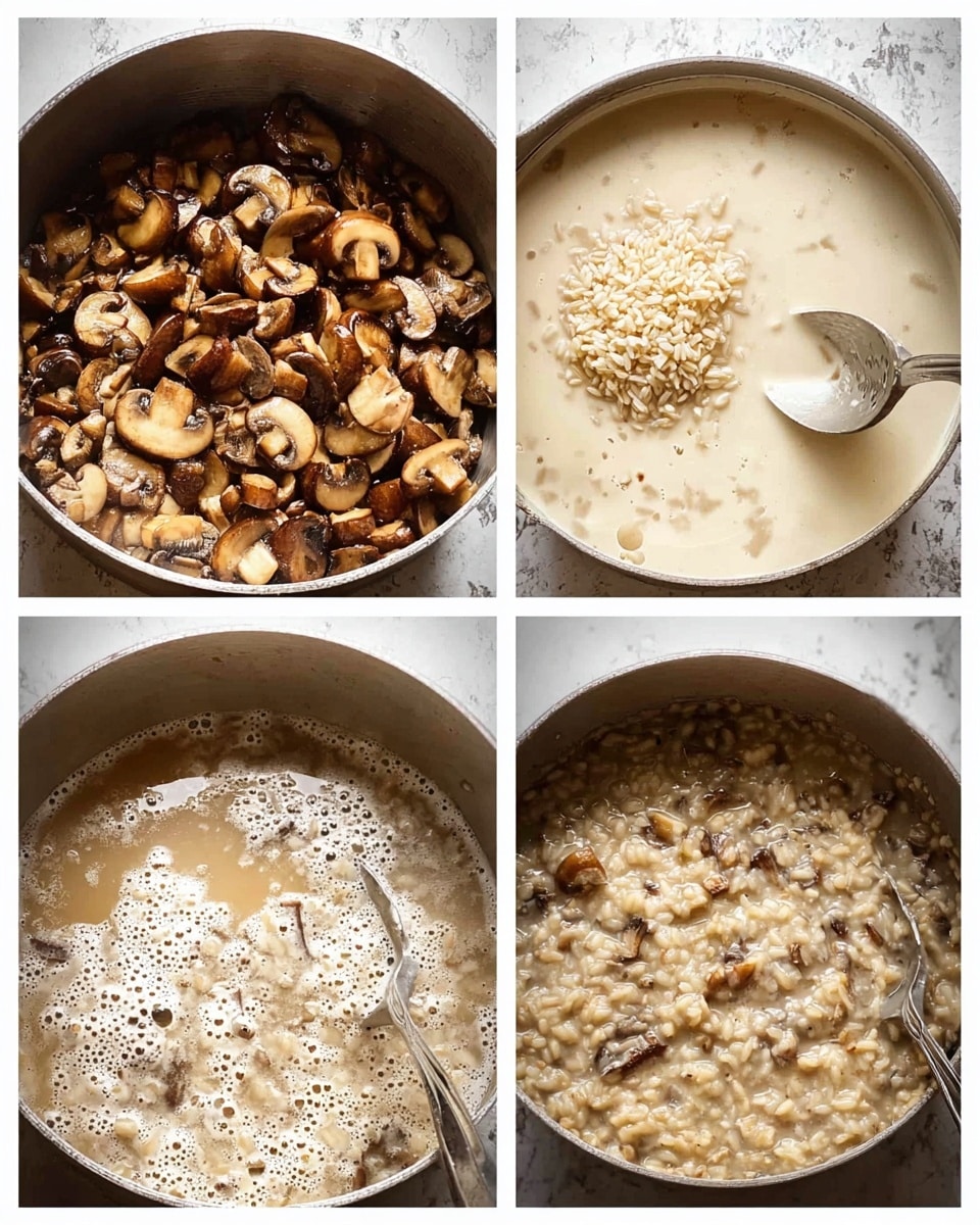 The image shows four close-up views of mushroom risotto being made in a pot. The first layer is chopped brown mushrooms with a smooth, slightly shiny texture filling the bottom of the pot. The second layer adds uncooked, plump rice grains scattered among the mushrooms, with a silver spoon stirring them. The third layer shows the mushrooms and rice covered by a creamy, pale liquid that has small bubbly spots on its surface. The final layer reveals a thick, cooked risotto with soft rice and tender mushrooms mixed evenly, showing a creamy consistency and a light beige color. The background has a white marbled texture. Photo taken with an iphone --ar 4:5 --v 7