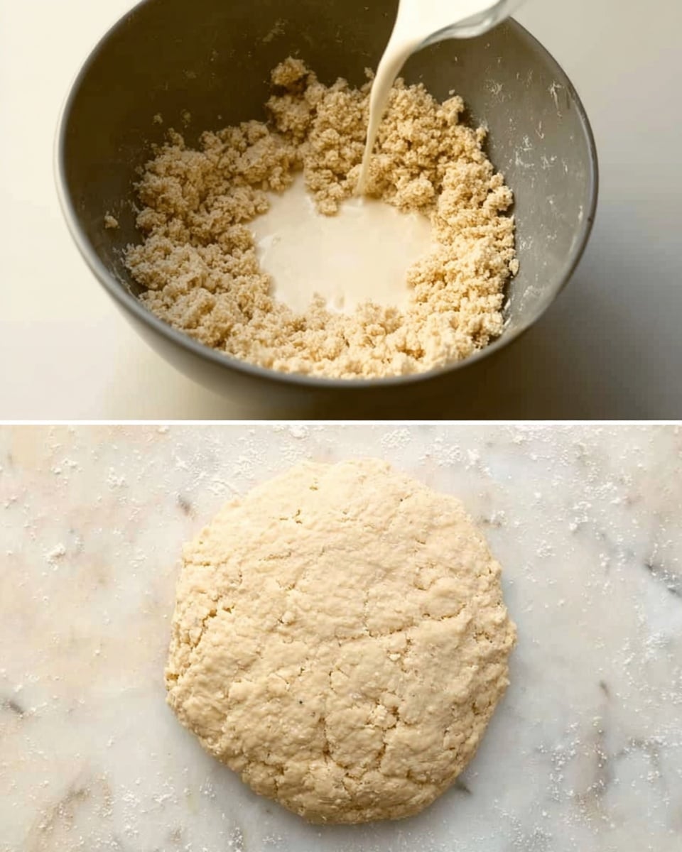The first image shows a grey metal bowl with a large amount of crumbly, light beige dough pieces inside. White liquid is being poured into the bowl, creating a soft contrast with the dry dough. The second image shows a round, flattened dough placed on a white marbled surface. The dough is thick, pale beige, with a rough texture and some small cracks on top, showing it is not fully smooth. The overall look is rustic and homemade, with a focus on the dough's natural color and texture. photo taken with an iphone --ar 4:5 --v 7