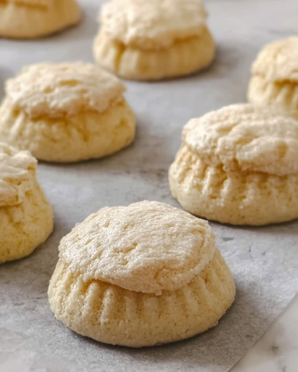 The image shows several small, round dough pieces with a slightly rough texture, arranged in rows on gray baking paper. Each dough piece has a pale beige color with a slightly cracked top and ridged sides from being pressed with a fork or tool. The dough pieces have a soft, fluffy look and stand alone with space between them. The scene is set on a white marbled surface. photo taken with an iphone --ar 4:5 --v 7