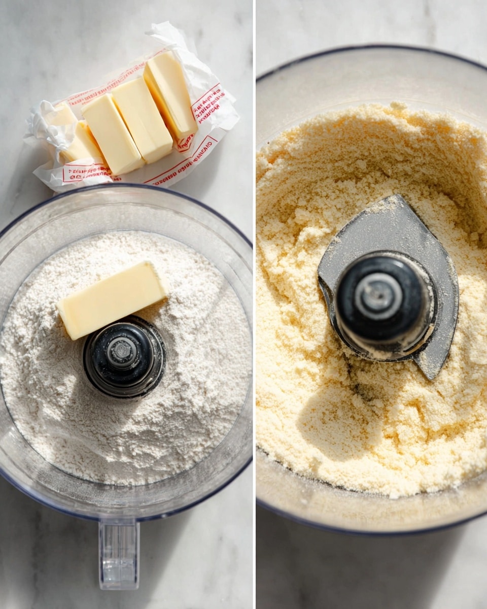 The image shows two clear food processor bowls on a white marbled surface. The left bowl contains white flour with a small square piece of pale yellow butter resting on top near the center blade, and a stick of butter cut into equal pieces rests nearby, partially wrapped in white paper with red text. The right bowl shows a close-up of the same bowl after the butter is mixed into the flour, creating a crumbly, light yellow texture with small uneven clumps around the black metal central blade. The lighting is bright and natural, highlighting the fine texture of the mixture and the clean white marbled surface photo taken with an iphone --ar 4:5 --v 7