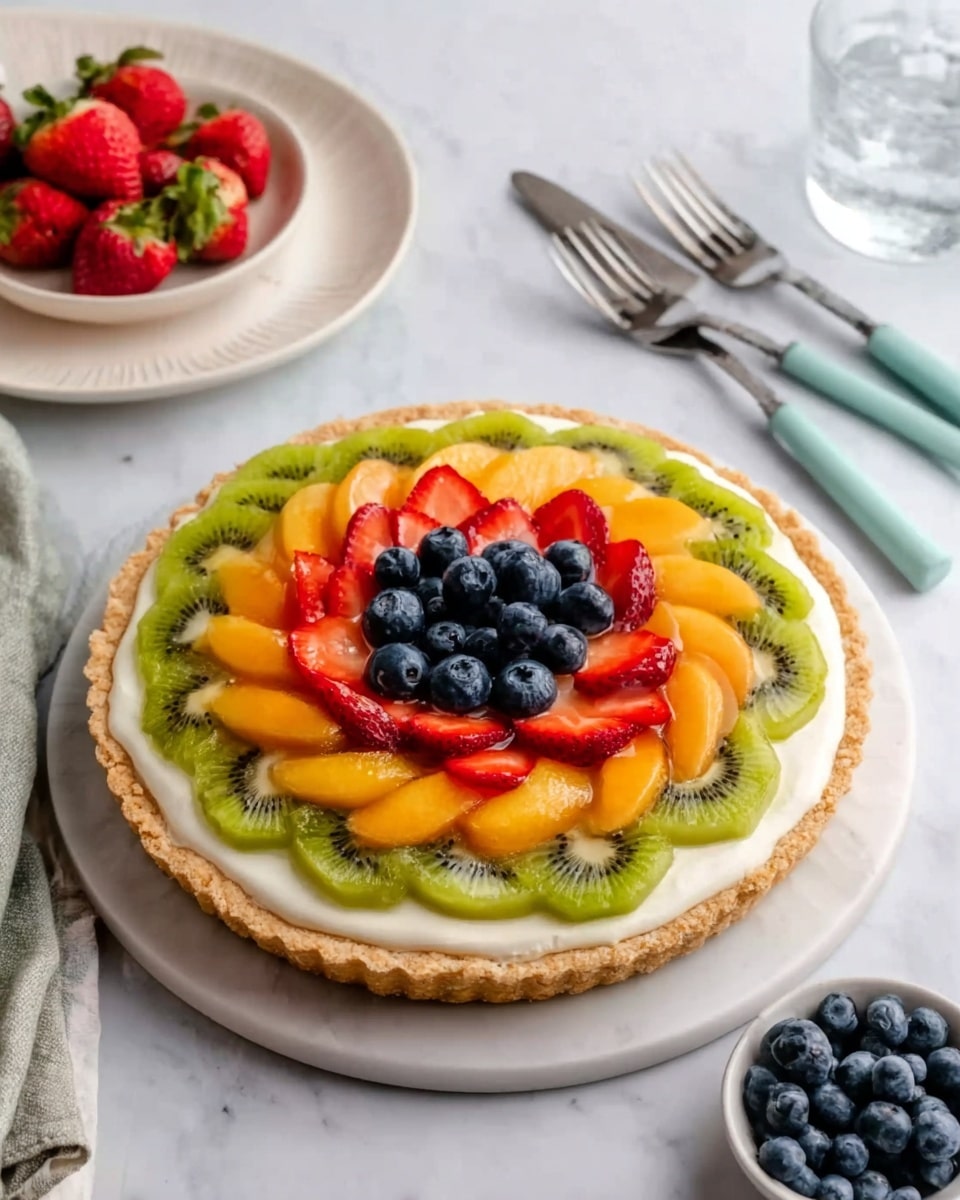 The image shows a fruit tart with a single crust layer at the bottom, pale golden and slightly crumbly in texture. On top of that, there is a creamy white filling evenly spread. The fruit decoration has four layers: the outermost layer is made of bright green kiwi slices arranged in a circle, followed by a layer of shiny orange peach slices inside. Next is a ring of red strawberry slices, and the center is filled with small, round, dark blue blueberries. The tart is placed on a white marbled surface with a small white bowl of blueberries to the side, a plate of strawberries in the background, and metal forks with light blue handles nearby. A glass of water is seen near the top right. The overall look is clean and fresh, photo taken with an iphone --ar 4:5 --v 7