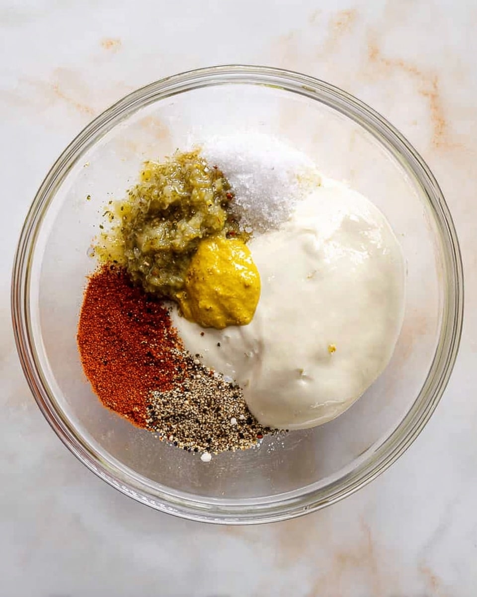A clear glass bowl sits on a white marbled surface, containing six separate ingredients that are not mixed. The base is a smooth, thick white cream spread across the bottom right. On top of the cream, near the center, is a small dollop of bright yellow mustard with a slightly lumpy texture. To the left of the cream is a chunky, greenish relish with small bits and a wet look. Above the relish is a small pile of coarse white granules resembling salt. Below the relish, near the bottom center, is a loose pile of reddish-brown powder. Next to it on the right is a smaller pile of finely ground black pepper. The edges of the bowl are clear, showing the ingredients inside. Photo taken with an iphone --ar 4:5 --v 7