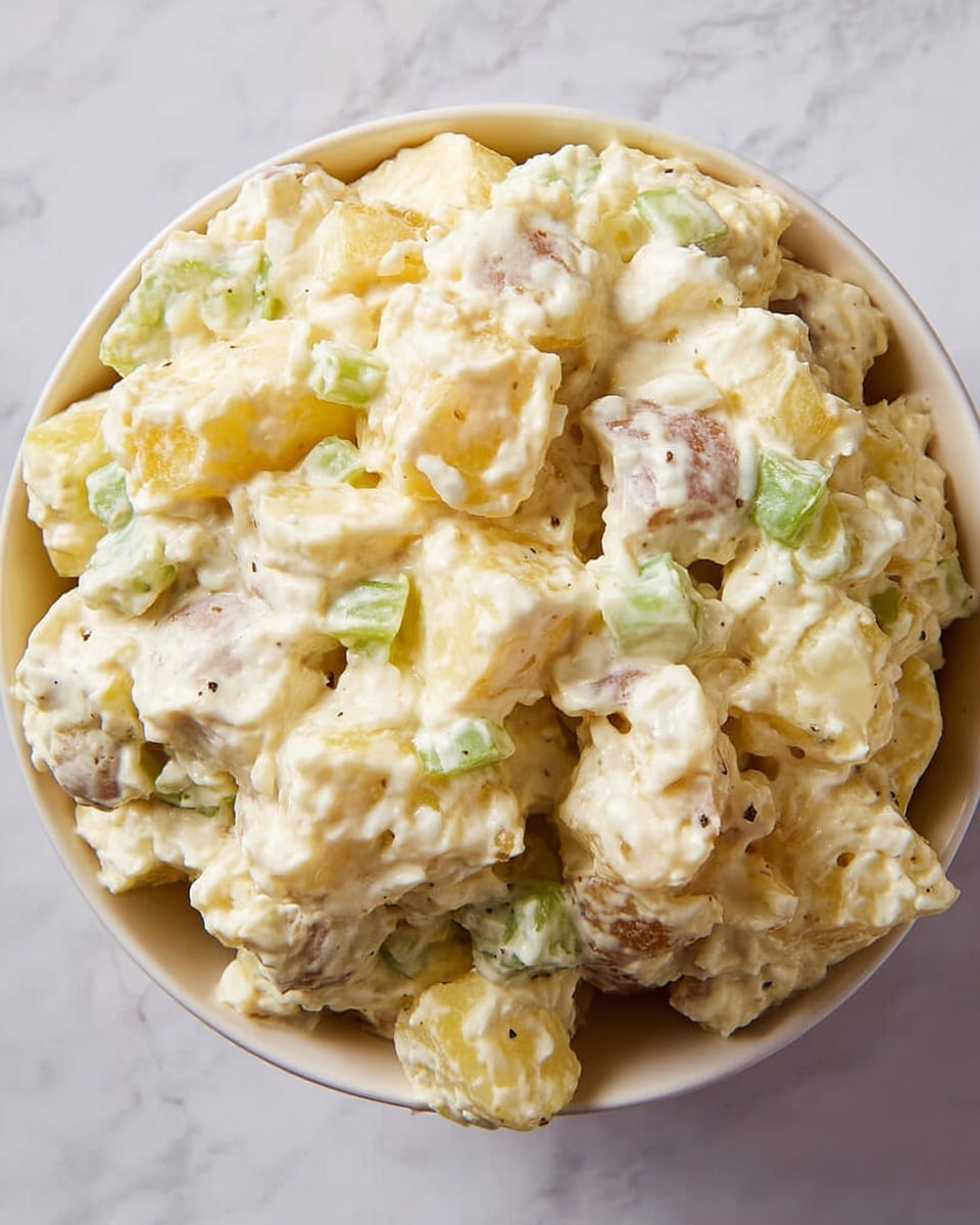 In a shallow white bowl, there is a creamy potato salad with chunks of light yellow potatoes mixed with small bits of green celery and onions. The salad is thickly coated in a white, slightly textured dressing that looks smooth and rich, with some soft pepper specks visible throughout. The pieces are uneven but soft-looking, with the salad filling the bowl fully and slightly mounded in the center. The bowl is placed on a surface with a white marbled texture. photo taken with an iphone --ar 4:5 --v 7
