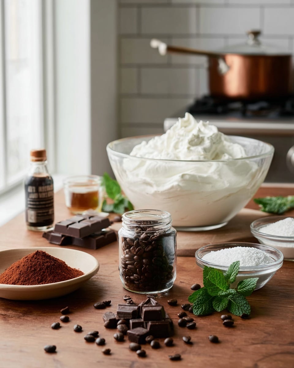 The image shows a close-up of ingredients for a dessert or coffee recipe arranged on a wooden table with a white marbled background. At the center is a large clear glass bowl filled with white whipped cream, with a soft, fluffy texture. In front and slightly to the right, a small glass jar filled with dark brown coffee beans is placed, with more beans spilled around the jar. To the left of the jar is a small beige plate holding a pile of reddish-brown cocoa powder. Next to the cocoa powder are a few dark chocolate squares stacked neatly. Behind these ingredients, a small clear bottle of vanilla extract stands near a brown bowl filled with white powdered sugar. To the far right, there is another clear glass bowl with more powdered sugar. A small green mint sprig rests near the chocolate and cocoa powder. In the background, a copper pan with a handle is seen on a stove against a white tiled wall. The overall lighting is soft and natural, coming from a nearby window. photo taken with an iphone --ar 4:5 --v 7
