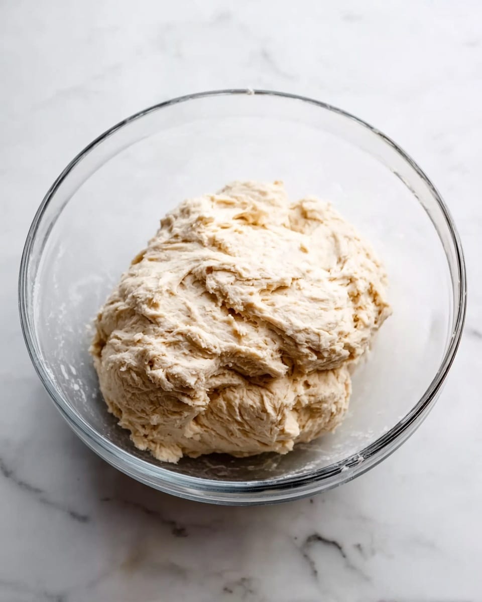 A clear glass bowl sits on a white marbled surface, holding a single mound of light beige dough with a slightly rough and sticky texture. The dough is thick and uneven, with visible folds and a soft, pliable look. The bowl is round and transparent, showcasing the dough from all sides. photo taken with an iphone --ar 4:5 --v 7