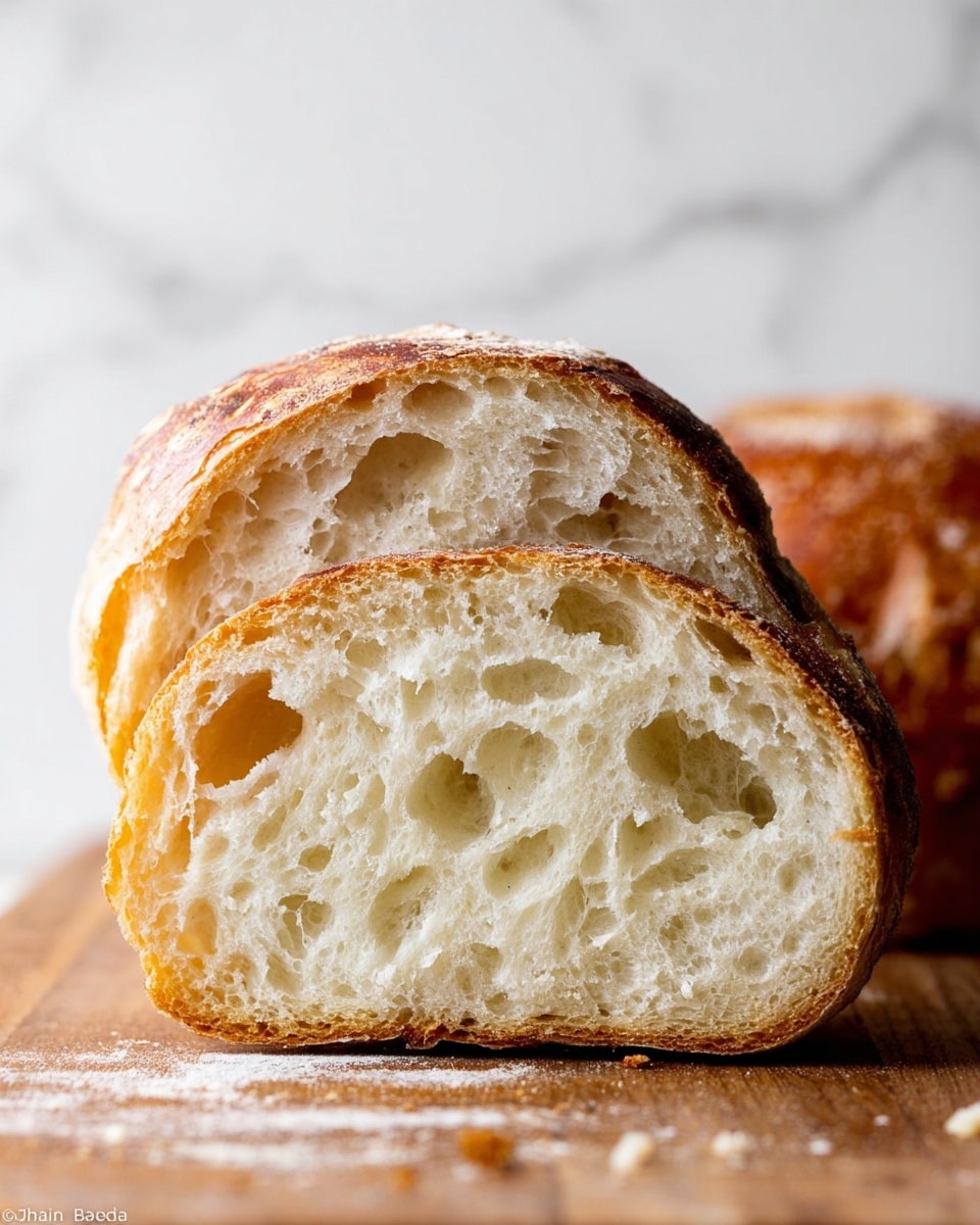 The image shows a close-up of a loaf of bread cut in half, placed on a wooden board. The bread has a golden brown crust with a slightly crisp texture, and the inside is creamy white with an airy, open crumb structure featuring irregular holes of different sizes. The wooden board has a few small crumbs around the bread. The background is a white marbled texture, creating a clean and simple setting. photo taken with an iphone --ar 4:5 --v 7