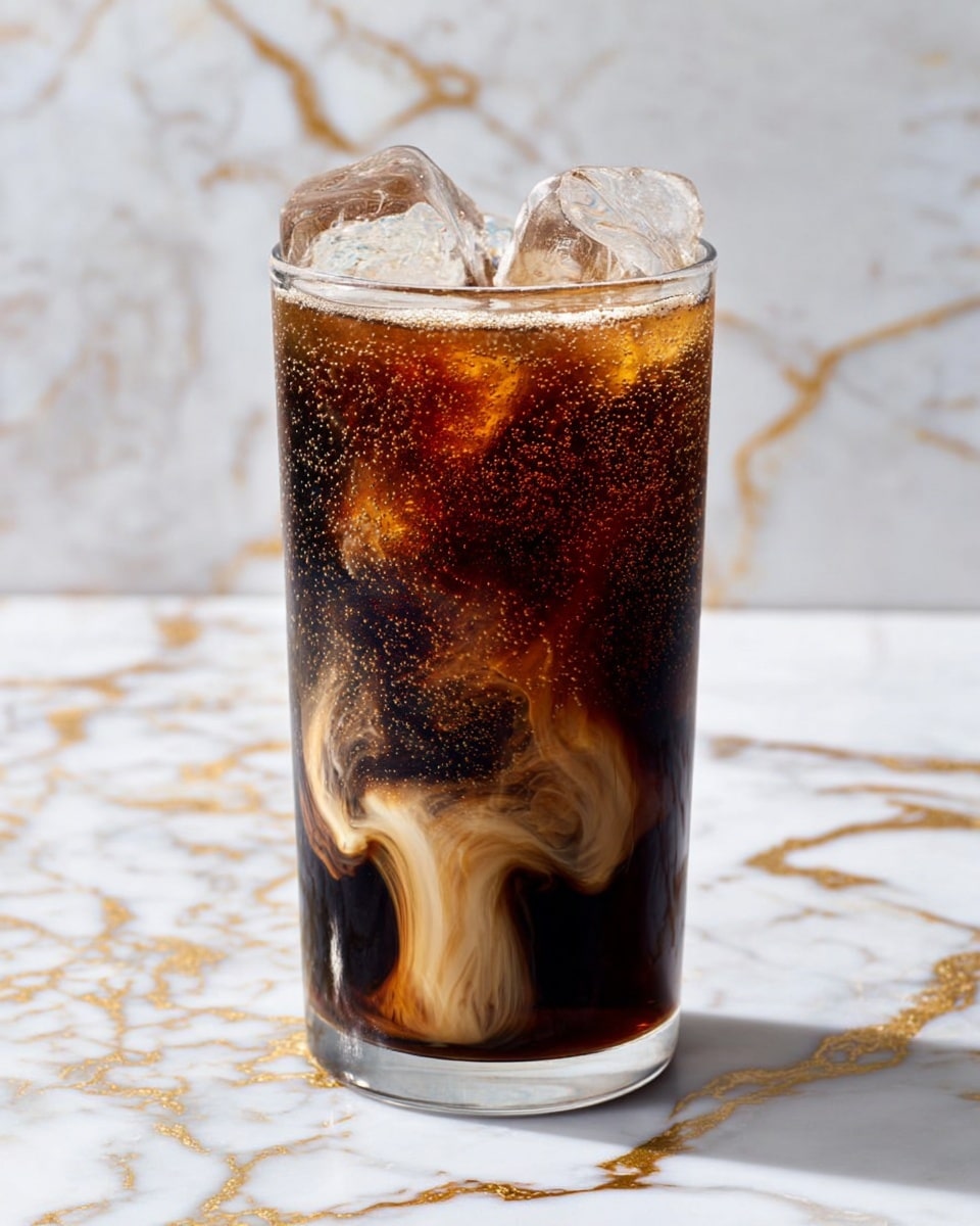 A clear tall glass filled with dark brown soda and several large ice cubes on top. Light caramel-colored cream swirls in from the side, mixing slowly with the dark liquid in the lower half of the glass, creating a smooth, wavy pattern. Tiny bubbles cling to the inside of the glass, making the drink look fizzy. The glass stands on a white marbled surface with gold streaks shining faintly in the background. Photo taken with an iphone --ar 4:5 --v 7