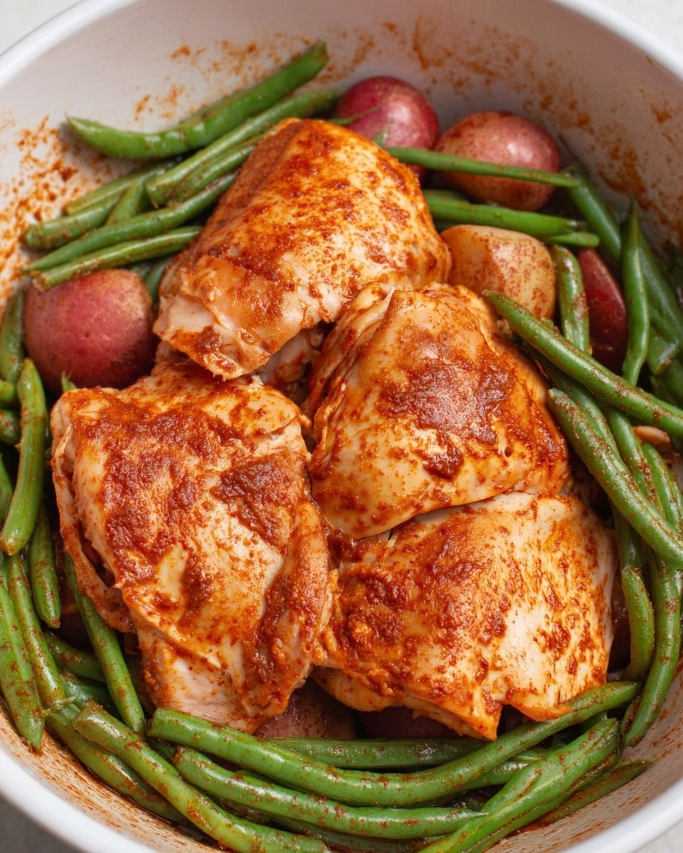 A white bowl filled with three large pieces of raw chicken on top, coated in reddish-brown seasoning. Around and slightly under the chicken, there are many bright green long beans and some round red potatoes visible under the beans. The inside of the bowl is streaked with the reddish-brown marinade, creating a textured look on the white surface. The vegetables and chicken are arranged close together, showing a mix of smooth and slightly rough textures. Photo taken with an iphone --ar 4:5 --v 7
