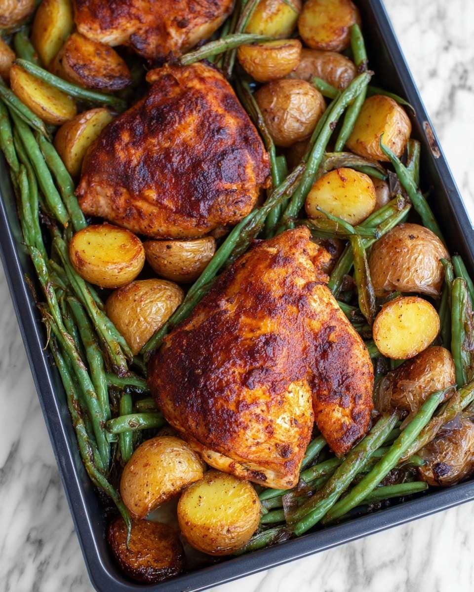 The image shows a black tray filled with a meal consisting of three large pieces of roasted chicken with a reddish-brown, crispy skin on top, surrounded by roasted baby potatoes with a golden yellow color and some with brown skins, and long green beans that are slightly charred and scattered between and underneath the chicken and potatoes. The colors are warm and rich, with the chicken pieces sitting prominently over the layer of green beans and potatoes, all cooked and evenly spaced on the tray. The tray is placed on a white marbled surface. Photo taken with an iphone --ar 4:5 --v 7