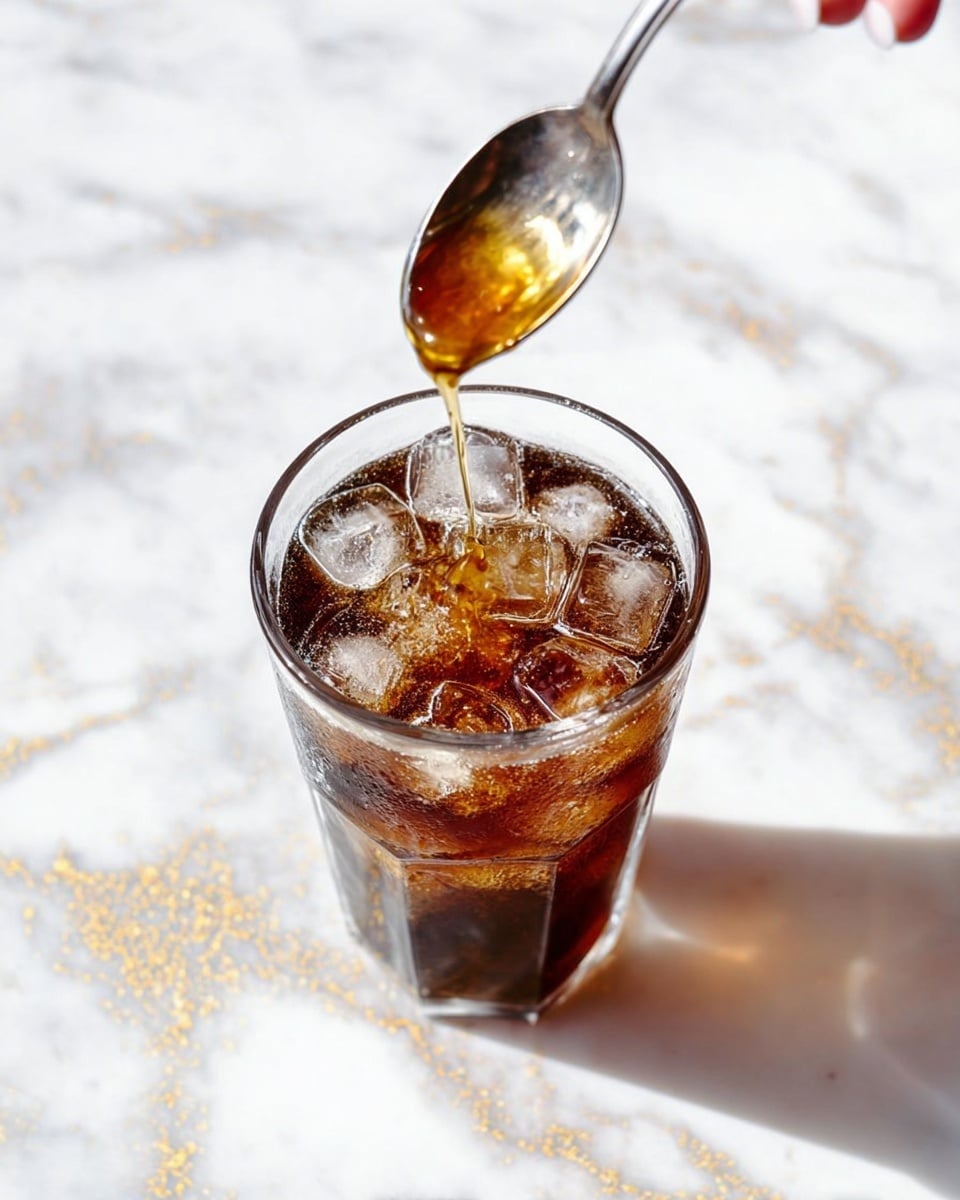 A clear glass filled with dark brown soda topped with many clear ice cubes sits on a white marbled surface with gold veins. Above the glass, a silver spoon held by a woman's hand pours thick golden honey in a smooth stream, landing in the center of the soda. The honey has a shiny texture as it flows and contrasts with the cold ice and dark liquid below, creating a mix of warm and cool colors. The shadow of the glass stretches to the side on the marble. photo taken with an iphone --ar 4:5 --v 7
