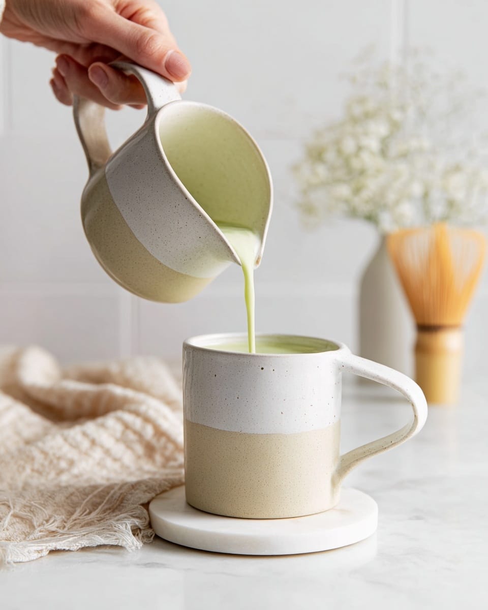 A close-up of a pale beige and white ceramic jug held by a woman's hand, pouring a light green liquid into a matching beige and white ceramic mug placed on a round white marble coaster; the scene is on a white marbled surface with soft natural light, blurred white vase with small white flowers, and a bamboo whisk in the background, creating a calm and clean atmosphere, photo taken with an iphone --ar 4:5 --v 7