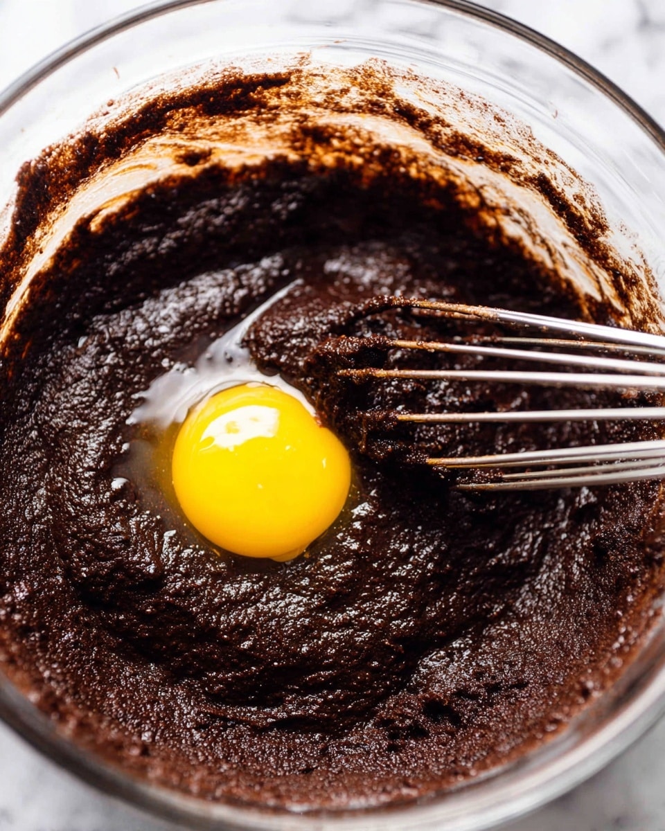 A close-up view shows a glass bowl with thick dark brown chocolate batter covering the bottom and sides, with a single bright yellow raw egg yolk sitting on top near the center left. On the right side, a metal whisk partly covered in batter rests inside the bowl, with some batter clinging to the wire loops. The edges of the bowl have a thin layer of batter, and the texture of the chocolate mixture is slightly grainy and dense. The background is a white marbled surface. photo taken with an iphone --ar 4:5 --v 7