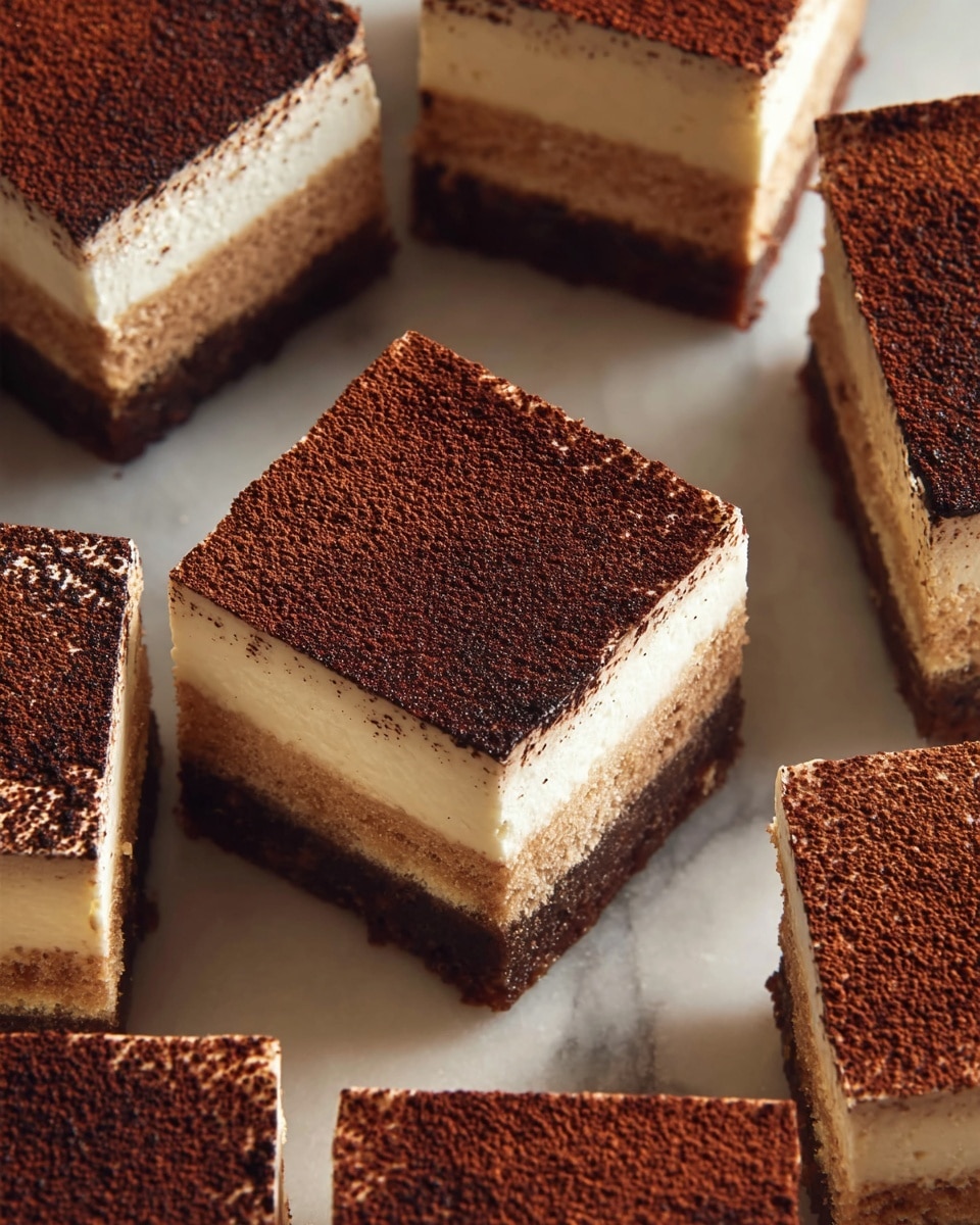 The image shows several square pieces of a layered dessert arranged on a white marbled surface. Each piece has three distinct layers: a thick dark brown bottom layer with a soft, crumbly texture, a middle light brown layer that looks airy and sponge-like, and a smooth, creamy white top layer. The top of each piece is dusted with a fine layer of dark cocoa powder, creating a rich, textured contrast. One piece in the center is turned to reveal the side layers clearly. The overall look is neat and uniform, with clean edges and a balanced shape. Photo taken with an iphone --ar 4:5 --v 7