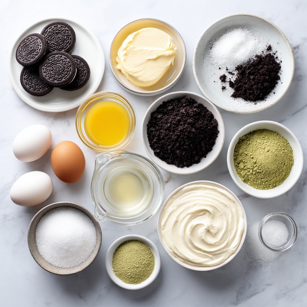 Top-down professional food photography, flat lay style, bright white marble countertop, neatly arranged, evenly spaced, tidy, clean organized layout, include: small plate of Oreo cookies without cream filling, bowl of crushed Oreo cookie crumbs, small glass cup of melted unsalted butter, bowl of cream cheese, small bowl of granulated sugar, small plate with two large eggs, small glass cup of vanilla extract, small bowl of matcha powder, glass measuring cup of heavy whipping cream, small bowl of granulated sugar, bright soft natural lighting, sharp focus, high detail textures, realistic reflections, no finished dish, no cooked food, no hands, no text, no watermark