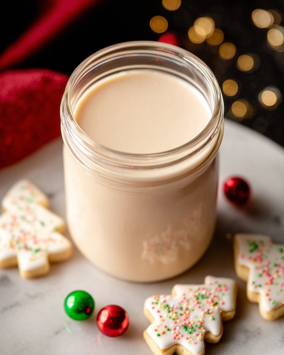 A close-up view of a clear glass jar filled to the top with a smooth, creamy light beige liquid. Around the jar on a white marbled surface, there are several small, white Christmas tree-shaped cookies with colorful sprinkles. There are also shiny red and green round decorations scattered near the jar, adding festive colors to the scene. Photo taken with an iphone --ar 4:5 --v 7