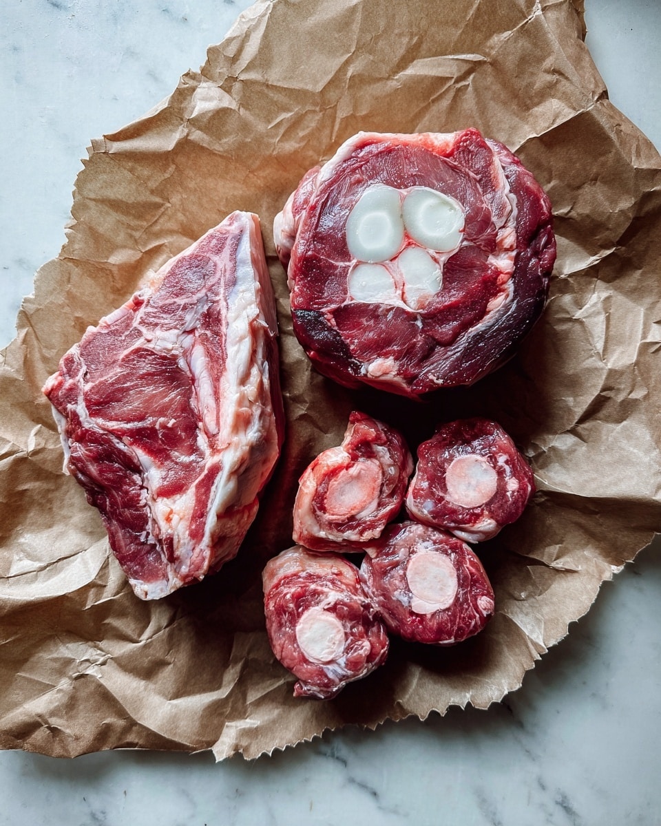 A raw meat arrangement on crumpled brown paper over a white marbled surface includes three main pieces: a large round piece with a central bone, showing deep red muscle and pale fat around the edges; a thick triangular cut with marbled light and dark red textures and a patch of creamy white fat; and a cluster of several small round cuts, each with a central white bone surrounded by red meat and visible marbling. The meat looks fresh and moist, with natural shadows and highlights creating depth. photo taken with an iphone --ar 4:5 --v 7