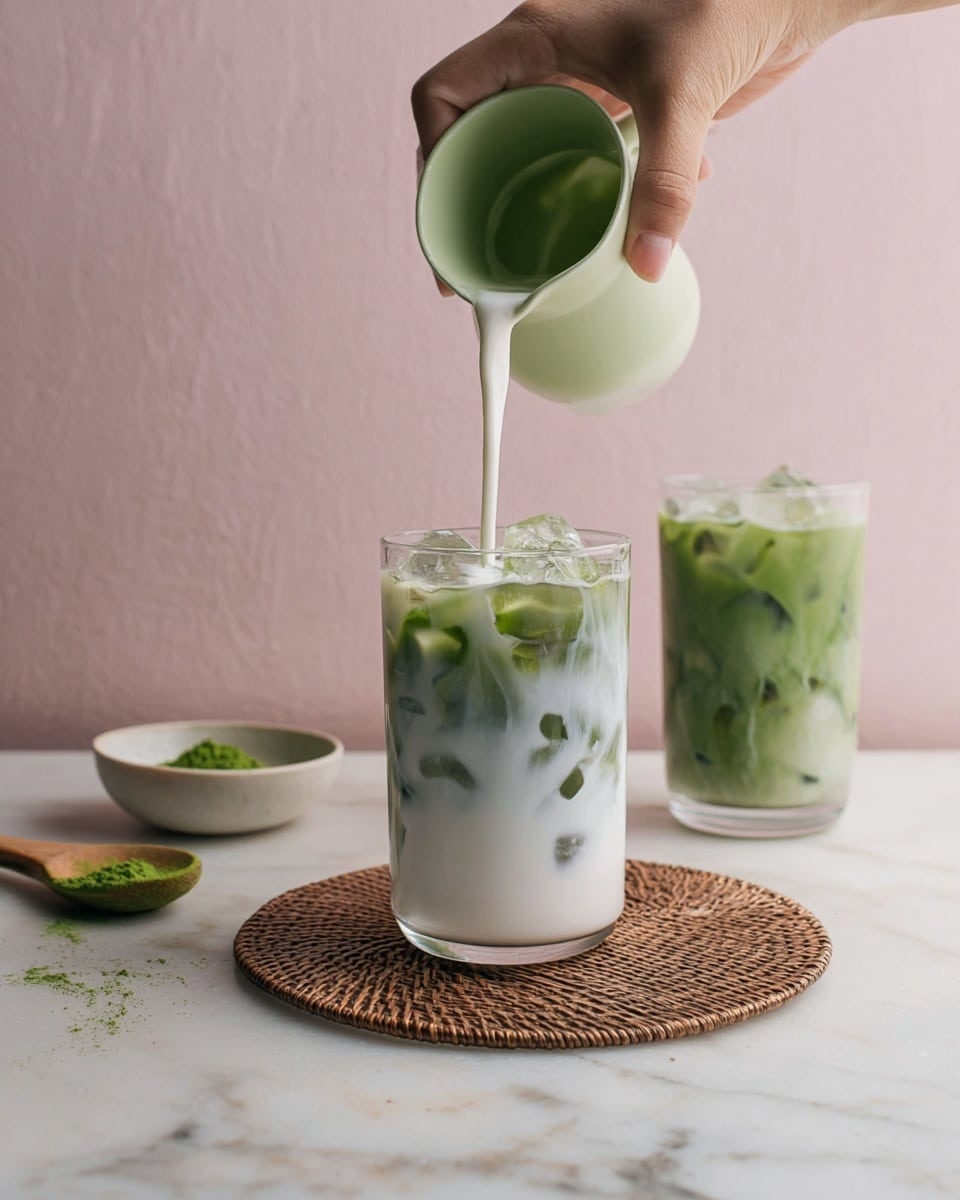 A clear glass filled with white milk and ice cubes sits on a round brown textured mat on a white marbled surface. A woman's hand is seen pouring bright green matcha tea from a small light green pitcher into the glass, creating a mix of green and white swirls. Behind it, another clear glass contains a blend of green matcha tea at the top, white milk at the bottom, and ice cubes inside. To the left, a small round bowl with green matcha powder and a small wooden spoon is placed on the white marbled surface. The background is a soft pink wall. photo taken with an iphone --ar 4:5 --v 7