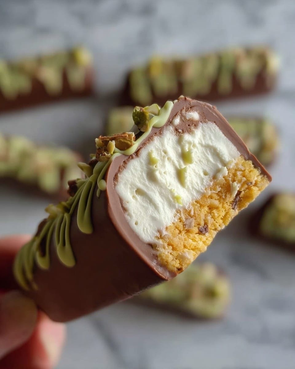 The image shows a close-up of a two-layer ice cream bar held by a woman's hand. The top layer is a creamy white ice cream with a smooth texture, while the bottom layer is a crunchy golden cereal base. These layers are covered by a thick, smooth brown chocolate shell with green drizzle and small chopped nuts on top. More bars with similar decoration lie blurred in the white marbled background. Photo taken with an iphone --ar 4:5 --v 7