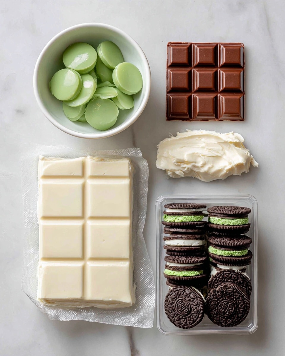 A flat lay of ingredients on a white marbled surface: a white bowl filled with green candy melts is on the top left, next to a square piece of brown almond bark with six segments on the top right. Below these is a partially unwrapped block of white cream cheese with a smooth texture, positioned left-center. To the right of the cream cheese is a white block of white chocolate divided into six sections. At the bottom right corner, a clear plastic tray holds several rows of dark chocolate Mint Oreos with visible green cream inside. The whole scene is brightly lit, showing clean colors and textures photo taken with an iphone --ar 4:5 --v 7