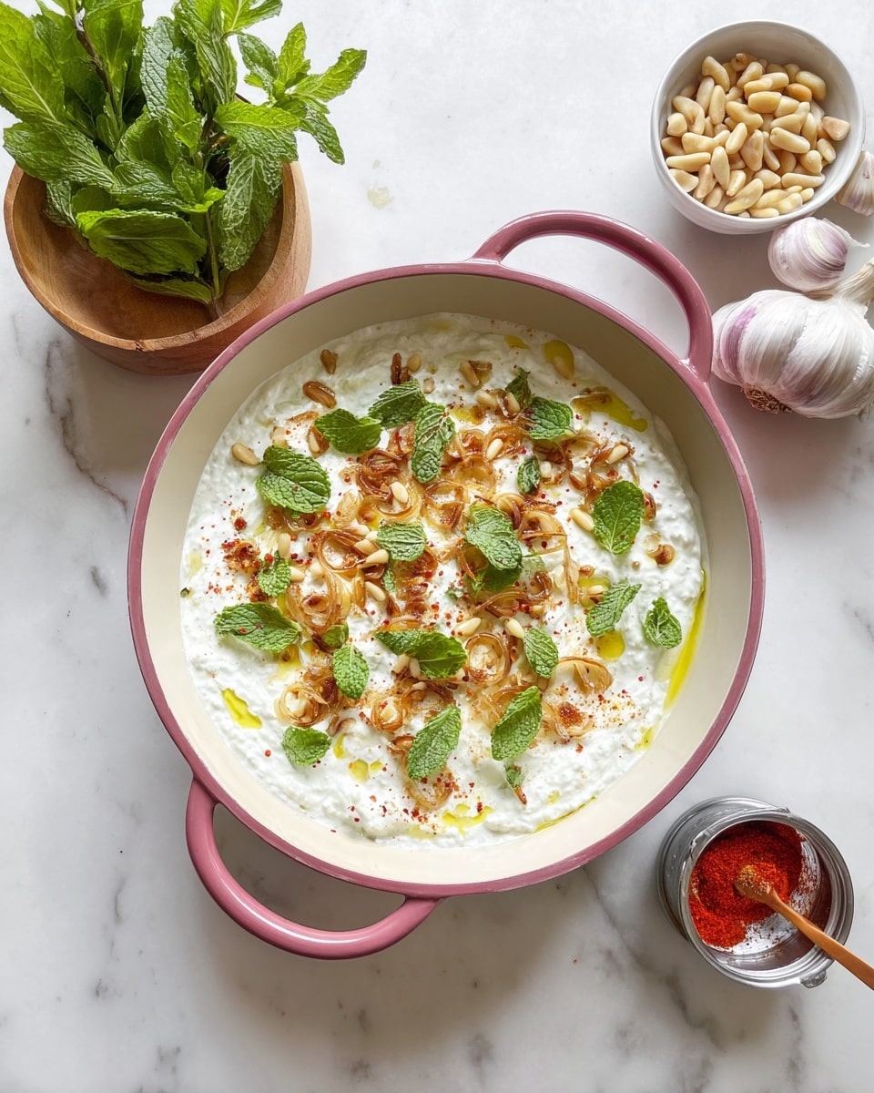 A pink-handled white pot filled with a creamy, white yogurt-based dish, layered with light green bits mixed inside. The top layer is decorated with toasted golden pine nuts, bright green mint leaves, thin golden caramelized onions, and a dusting of orange-red spice, with droplets of golden olive oil around the edges. The pot sits on a white marbled surface with a wooden bowl of fresh green mint leaves, a white small bowl with pale pine nuts, a bulb of white garlic, and a metal container filled with orange-red spice and a small wooden spoon positioned above. Photo taken with an iphone --ar 4:5 --v 7