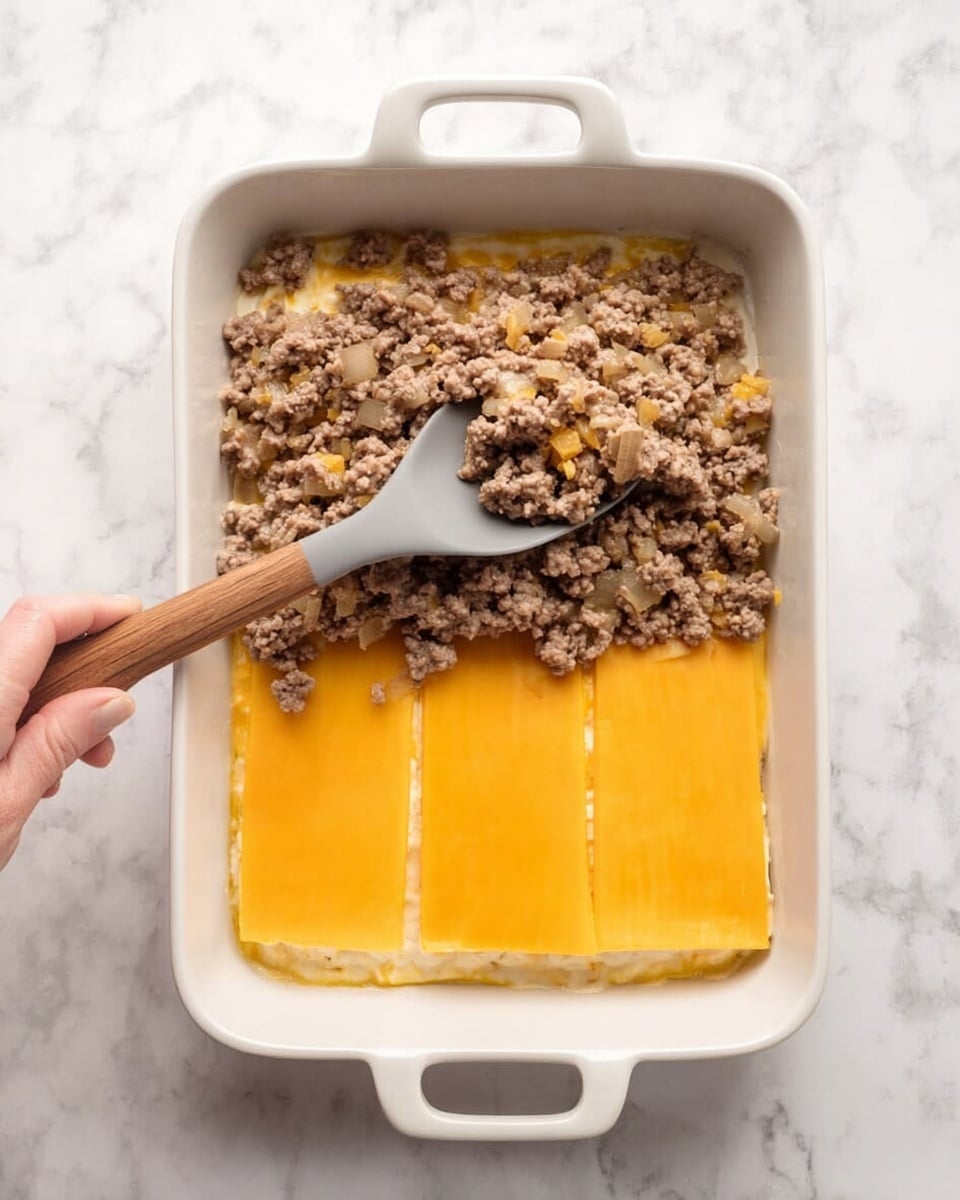 Inside a white rectangular baking dish with two handles, there are three flat slices of cheddar cheese lying side by side as the first layer. On top of the cheese, there is a layer of light brown cooked ground meat mixed with small bits of onions, spread unevenly across the cheese. A gray spoon with a wooden handle is being held by a woman's hand on the left side, scooping some of the meat mixture onto the cheese layer. The dish is placed on a white marbled surface. photo taken with an iphone --ar 4:5 --v 7