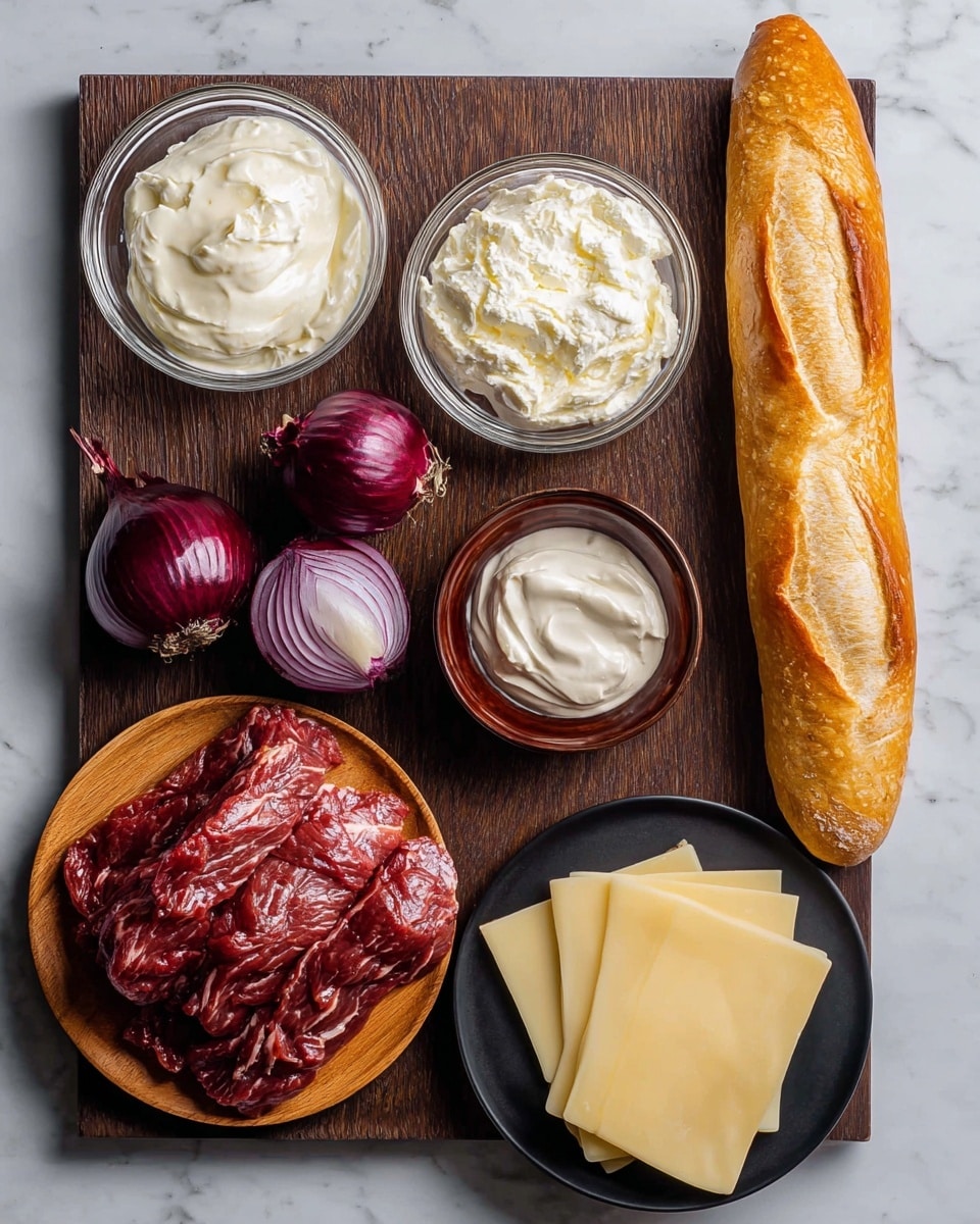 The image shows a dark wooden board on a white marbled surface, arranged with several ingredients: at the top center, a clear glass bowl with white, creamy cheese; below it to the left, a smaller clear glass bowl with thick white cream; next to these, a clear glass bowl with a dark red sauce; below the three bowls, a round black plate stacked with several smooth, light yellow cheese slices slightly folded; at the bottom left corner, a round wooden plate holding several pieces of raw marbled red meat; to the right of the meat and cheese, three shiny purple onions placed vertically; and along the right edge, a long golden brown bread loaf with crusty texture. Photo taken with an iphone --ar 4:5 --v 7