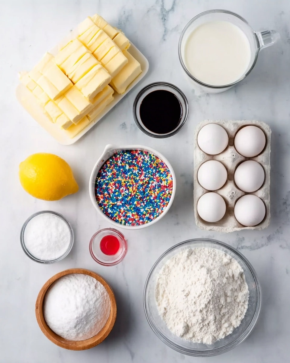 The image shows various baking ingredients arranged neatly on a white marbled surface. There are ten sticks of butter stacked in two layers on the top left, next to a clear glass of milk. Below the milk is a small bowl with black vanilla extract, beside it a tiny drop of red food coloring. On the right side, there is a white egg carton holding four white eggs. Below the eggs, there is a small wooden bowl with baking soda, next to a small clear bowl filled with white sugar. At the bottom center, there is a white bowl filled with powdered sugar, and to the right, a clear glass bowl of flour. In the middle, between all these items, there is a bowl full of colorful round sprinkles and a whole yellow lemon placed to the left of the sprinkles. The background is smooth and clean with a white marbled texture. Photo taken with an iphone --ar 4:5 --v 7