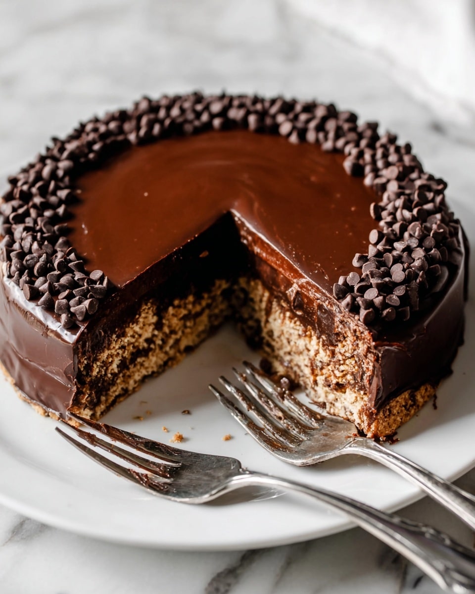 A round chocolate cake with a smooth, shiny dark chocolate top layer covers a crumbly inside made of light brown biscuit pieces mixed with chocolate. The top edge is decorated with small dark chocolate chips in a ring around the cake. A slice is cut out, showing the textured biscuit and chocolate mixture inside, and two silver forks are placed on the white plate next to the cake. The cake sits on a white marbled surface. Photo taken with an iphone --ar 4:5 --v 7