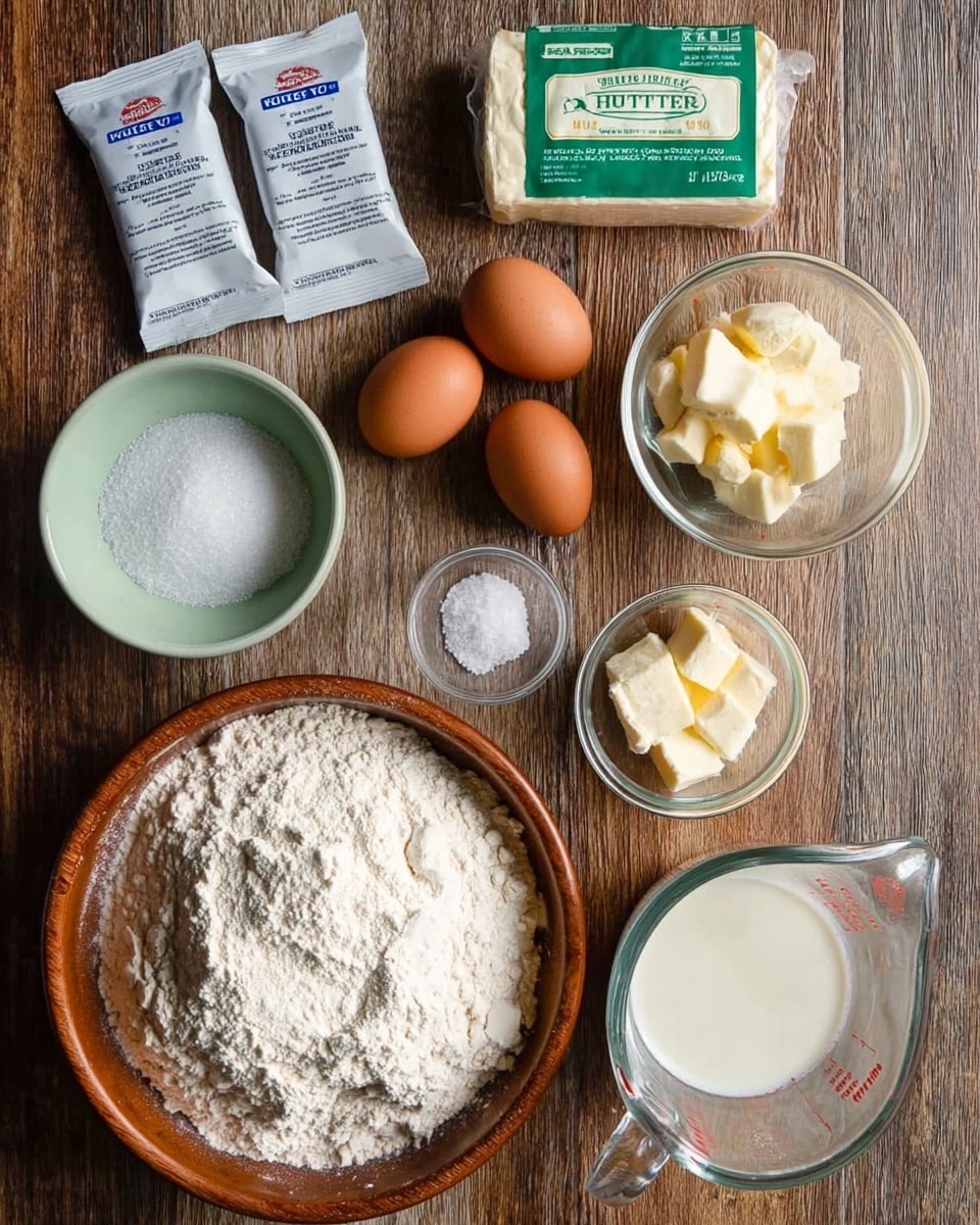A clear glass bowl at the bottom right filled with a large mound of white flour with a slightly uneven texture, next to a smaller wooden bowl containing white salt placed at the bottom left; above the wooden bowl are two small packets of quick-rise yeast with white and blue packaging. To the left of the flour bowl, there is a small pale green bowl filled with white sugar, and behind it are two brown eggs. Above the eggs is a rectangular wrapped block of unsalted butter with a green and white label. To the right of the butter is a small clear glass bowl with some soft butter chunks. At the top right are two clear glass measuring cups: one large and empty, the other smaller filled with pale milk. All items are arranged on a rustic wooden surface photo taken with an iphone --ar 4:5 --v 7
