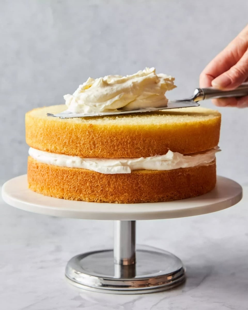 A two-layer yellow sponge cake sits on a cake stand with a white base and silver top. The bottom layer is thick and golden brown, topped with a smooth layer of white cream. The second layer of the yellow sponge cake is placed above the cream. A woman's hand is holding a spatula with another dollop of white cream about to be spread on top. The background and surface have a white marbled texture, giving a clean and bright look. Photo taken with an iphone --ar 4:5 --v 7