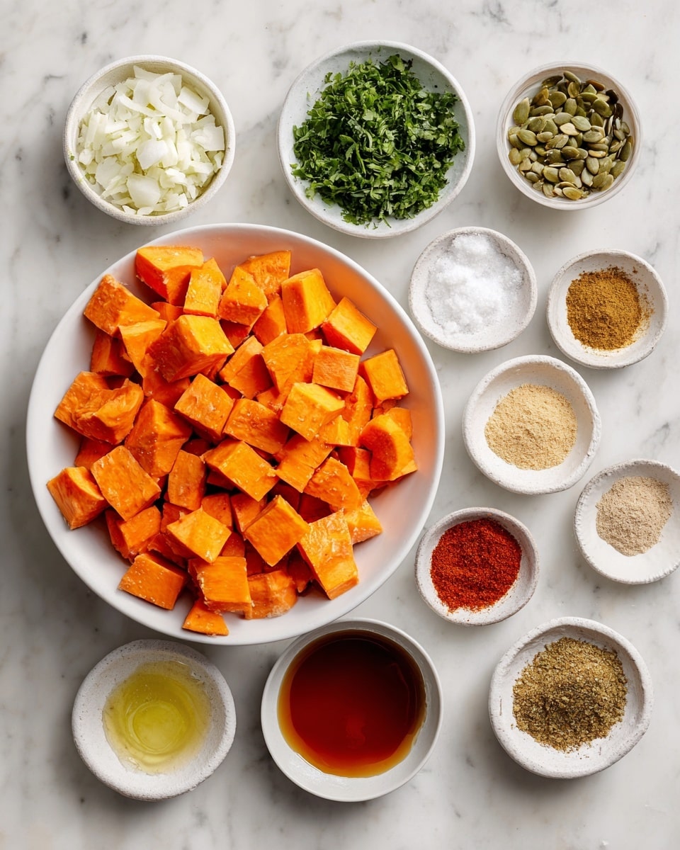 A large white bowl sits in the center filled with bright orange cubed sweet potatoes, showing a smooth yet slightly firm texture. Surrounding it are smaller white bowls arranged in a semi-circle on a white marbled surface; each bowl holds a different ingredient: finely chopped green cilantro, green pumpkin seeds (pepitas), crumbly white cotija cheese, fine white salt, light brown onion powder, light tan garlic powder, a pile of beige coriander powder, darker brown cumin powder, golden olive oil, a small white bowl with bright red smoked paprika, and a bowl with dark amber hot honey, each bowl showing a smooth or fine textured ingredient inside. Each ingredient is clearly labeled in black and white tags floating above the bowls. The photo taken with an iphone --ar 4:5 --v 7