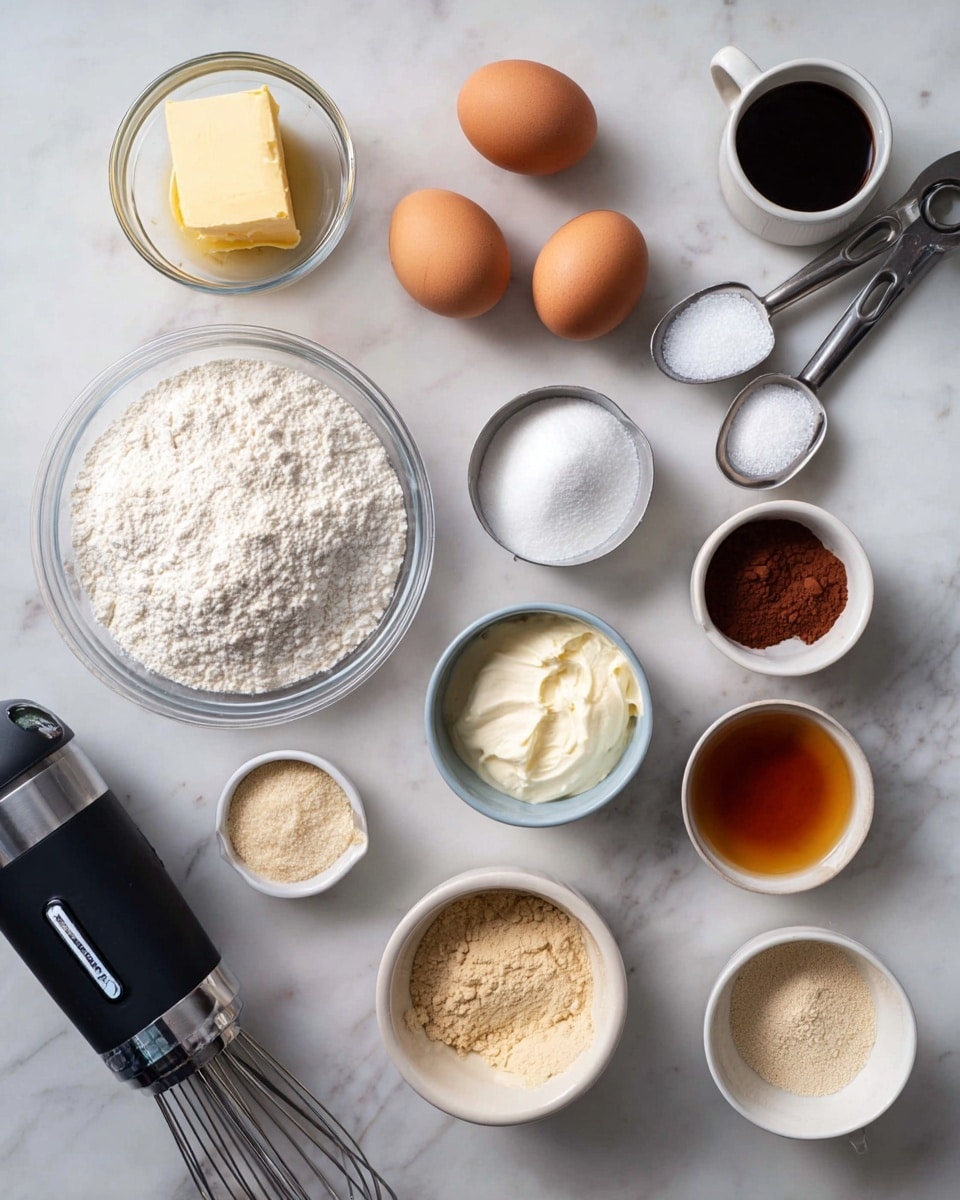 The image shows a top view of various baking ingredients and tools arranged neatly on a white marbled surface. There are three brown eggs placed in a row near the center. To the left, a metal measuring spoon holds a chunk of yellow butter above two smaller metal spoons filled with white granules and powder. On the left side, a clear glass bowl contains white flour, next to a small bowl with white powdery baking soda or baking powder and another small bowl with creamy off-white mixture. To the right, two small white bowls are filled with light beige and darker brown powders, likely spices or cocoa. A small white cup holds a dark liquid, and below it, a smaller cup holds an amber-colored liquid. At the bottom left corner, a black hand mixer with metal beaters lays flat, and a silver metal measuring spoon set is placed near the top right. The overall layout is clean and organized with muted colors on a white marbled background. Photo taken with an iphone --ar 4:5 --v 7