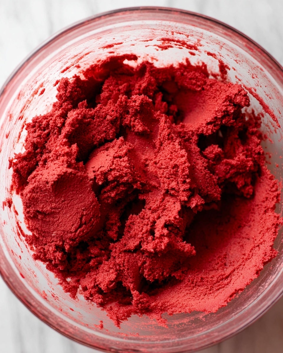 A glass bowl filled with thick, bright red dough that looks soft and smooth. The dough is clumped and spread unevenly inside the bowl, with some areas looking more packed and others showing lighter, more textured parts. The bowl sits on a white marbled surface, and the lighting highlights the velvety texture of the dough, making the red color stand out. photo taken with an iphone --ar 4:5 --v 7