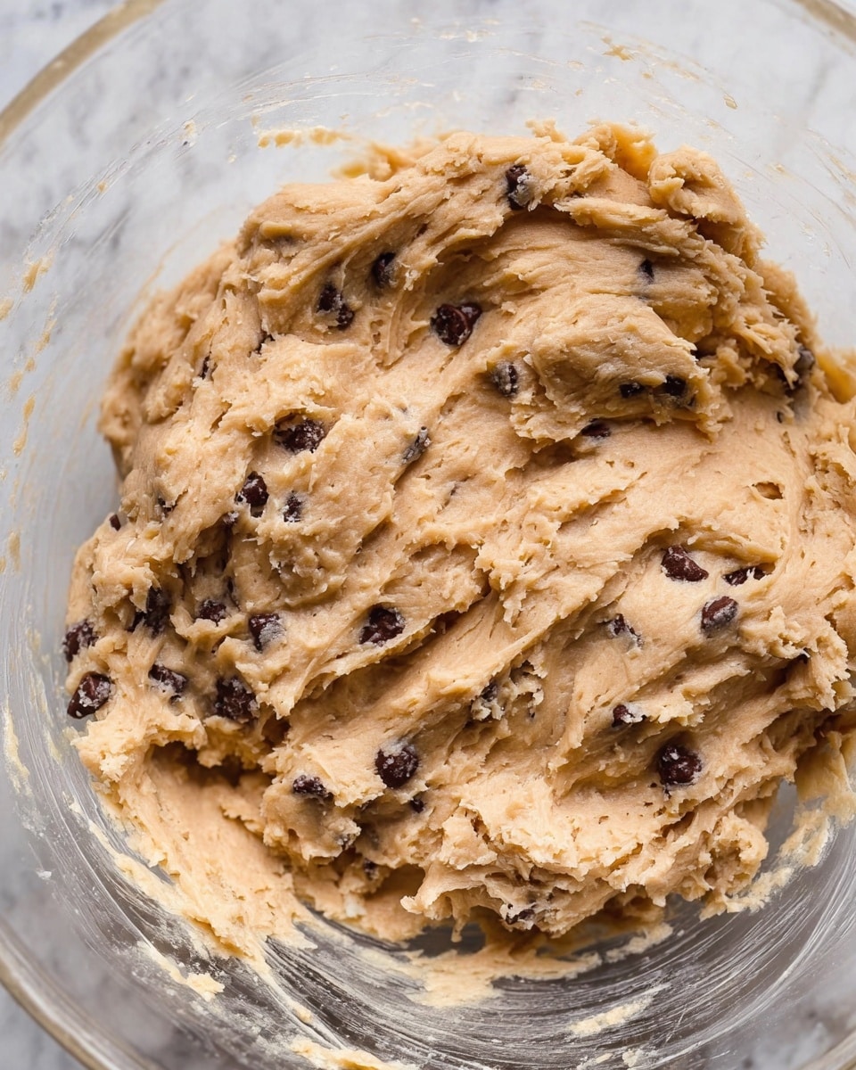 The image shows a close-up of cookie dough mixed with chocolate chips in a glass bowl. The dough is light brown with a slightly rough, thick texture and spread unevenly inside the bowl. Dark brown chocolate chips are scattered throughout the dough, adding contrast. The bowl rests on a white marbled surface, and no other objects are visible in the frame. photo taken with an iphone --ar 4:5 --v 7