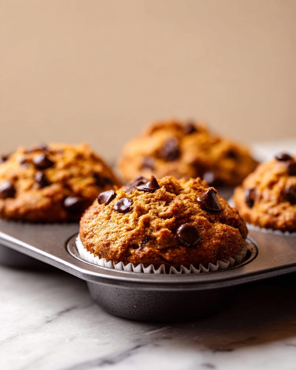 The image shows three golden brown chocolate chip muffins sitting in a dark muffin tray with white paper liners. Each muffin is round, with a rough, crumbly texture on top, and large, dark chocolate chips are embedded and partly melted on the surface. The muffins are arranged diagonally, with the closest one in sharp focus and the farthest one blurred. The background is a soft, light beige, and the tray rests on a white marbled surface. The lighting highlights the warm tones and the moist, textured details of the muffin tops. Photo taken with an iphone --ar 4:5 --v 7
