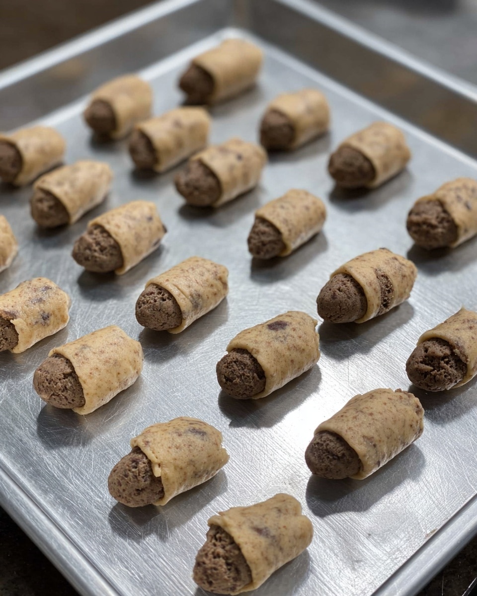 The image shows a silver baking tray with small cookie dough rolls placed neatly in rows on top. Each roll has two layers: a light tan dough with darker spots wrapped around a smaller, darker brown dough piece in the center. The dough layers have a slightly rough texture, and the rolls are evenly spaced on the tray with a bit of shine on the tray surface. The background is not visible except for the tray. photo taken with an iphone --ar 4:5 --v 7