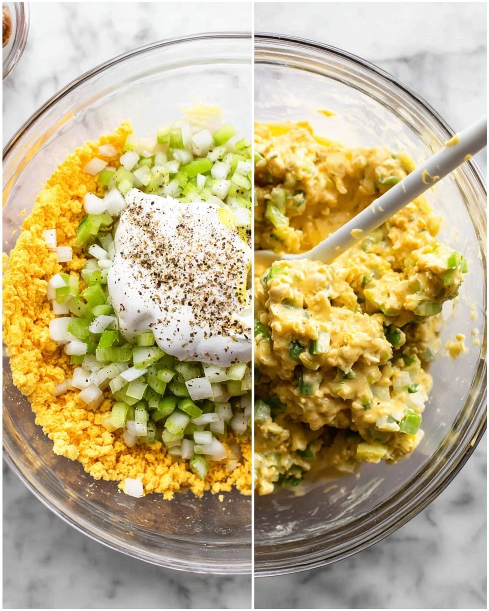 The image shows two side-by-side views of a clear glass bowl placed on a white marbled surface. On the left side, the bowl contains three main layers: the bottom layer is a bright yellow mixture of small cheese-like crumbs, the middle layer includes finely chopped green celery and white onion pieces scattered on top, and the top layer is a dollop of white creamy mayo-like sauce sprinkled with black pepper. There is also a small amount of yellow mustard near the sauce. A white spatula rests inside the bowl with some sauce on it. On the right side, the bowl now holds a fully mixed, thick, and chunky yellow salad with visible pieces of green celery and white onion, all blended together with the creamy texture. Photo taken with an iphone --ar 4:5 --v 7