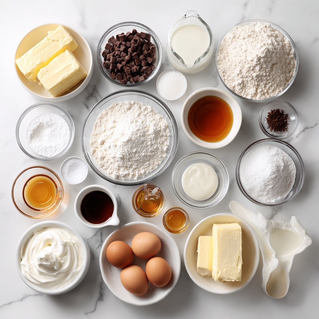 Top-down professional food photography, flat lay style on a bright white marble countertop, neatly arranged, evenly spaced, tidy, clean organized layout. Include: bowl of salted butter, bowl of sugar, small bowl of sour cream, small bowl of vanilla extract, small plate with egg whites, bowl of all purpose flour, small bowl of baking powder, glass measuring cup of milk, small glass cup of water, bowl of semi-sweet chocolate chips, glass measuring cup of heavy whipping cream, small plate with cream cheese, small plate with eggs, small bowl of corn syrup, small bowl of egg yolks, small bowl of cornstarch, small plate of salted butter. Bright soft natural lighting, sharp focus, high detail textures, realistic reflections, no finished dish, no cooked food, no hands, no text, no watermark