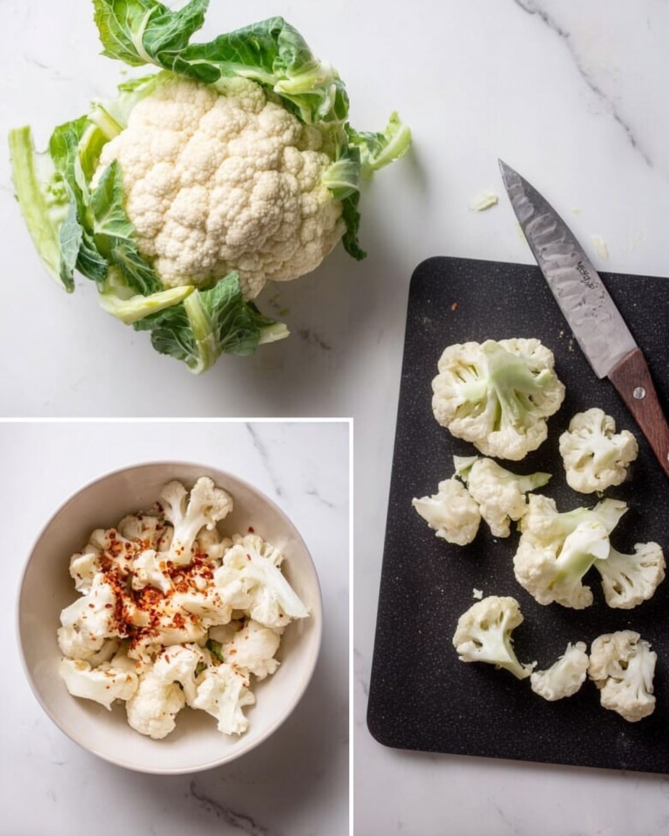 The image shows three parts: on the top, a whole cauliflower head with green leaves on a white marbled surface; on the bottom left, a white bowl filled with cauliflower florets sprinkled with red seasoning; on the bottom right, a black cutting board with various sized white cauliflower pieces and a large knife placed on the board, all on a white marbled surface photo taken with an iphone --ar 4:5 --v 7