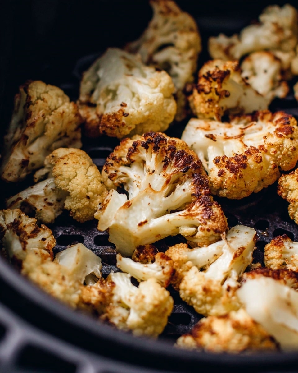 This image shows many pieces of roasted cauliflower inside a black cooking basket, each piece having a light golden brown color with some charred edges, giving a crispy look. The florets are different sizes, with visible textures of soft white inside and crunchy brown on the outside. The basket's ridged surface can be seen through the gaps between the pieces. The background is out of focus but appears dark to highlight the cauliflower pieces. Photo taken with an iphone --ar 4:5 --v 7