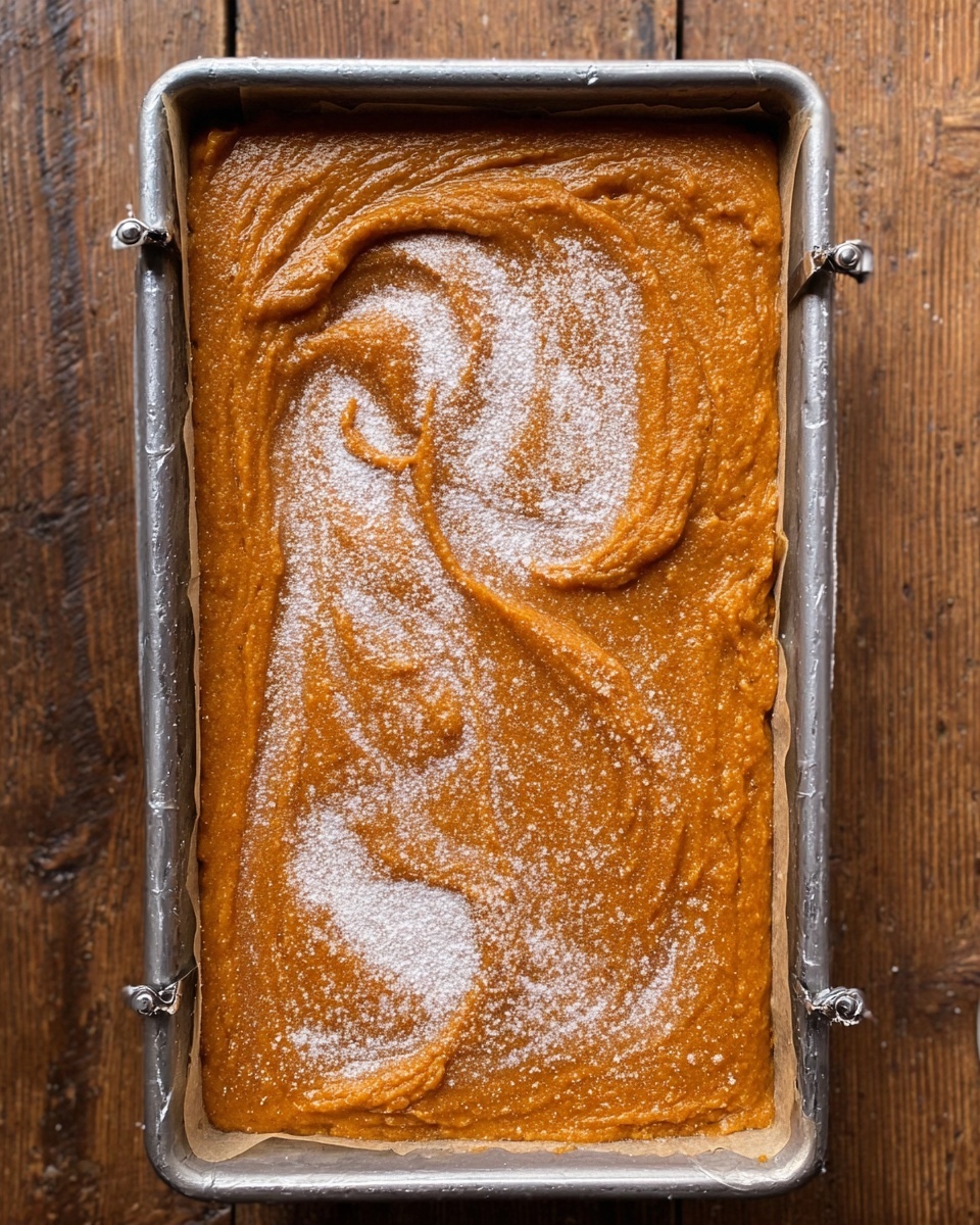 A rectangular metal baking pan filled with one thick layer of orange-brown batter spread unevenly, topped with a light dusting of white sugar, set on a wooden surface. The batter appears smooth with some swirls and slightly rough texture along the edges. The sides of the pan have some baking paper held by clips. photo taken with an iphone --ar 4:5 --v 7