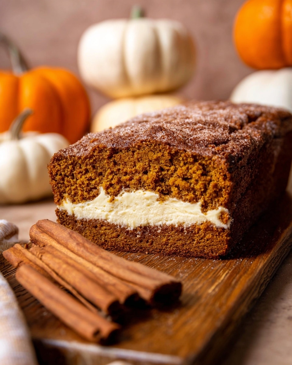 This image shows a loaf of pumpkin bread with two main layers: a thick, dark orange-brown pumpkin layer on top and bottom with a light cream-colored filling in the middle. The bread looks soft with a slightly crumbly top dusted with sugar. It is placed on a wooden board, with cinnamon sticks in front, and several small pumpkins in soft white and orange colors blurred in the background, all set against a warm light brown backdrop. photo taken with an iphone --ar 4:5 --v 7