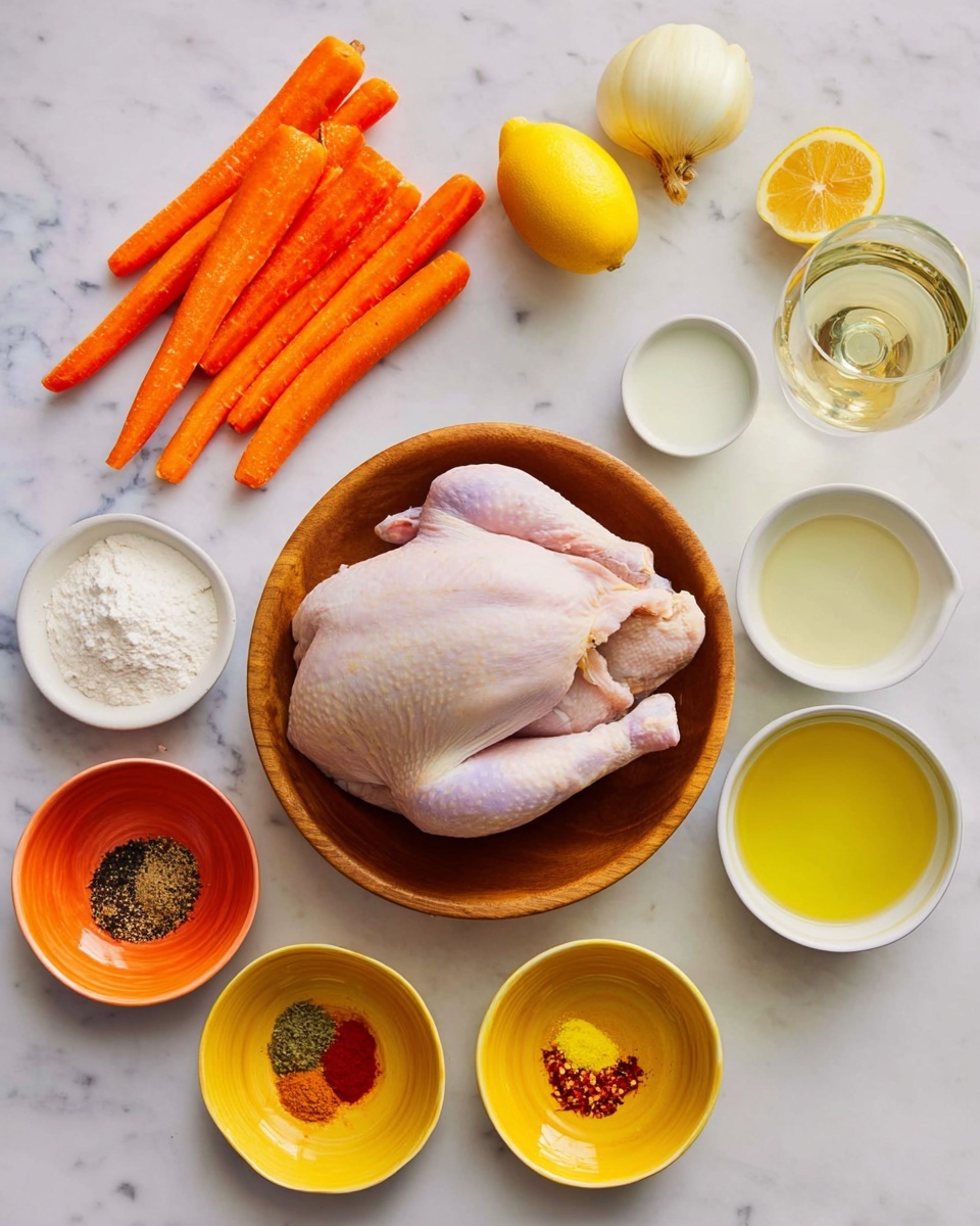 Crispy Roast Chicken with Pan Gravy Recipe 4 A whole raw chicken sits in a wooden bowl at the center on a white marbled surface, surrounded by bright orange carrots arranged in a small pile at the top left. To the top right, a yellow lemon and a peeled onion rest beside a small white bowl filled with cornstarch. Two small white bowls containing clear water and pale yellow avocado oil are placed near a glass of light yellow white wine on the right. Two colorful small bowls on the left contain spices: one orange bowl has a mix of black pepper, salt, and brown powder, while a yellow bowl holds red and yellow spices. The scene is bright and neat, showing all ingredients clearly. Photo taken with an iphone --ar 4:5 --v 7