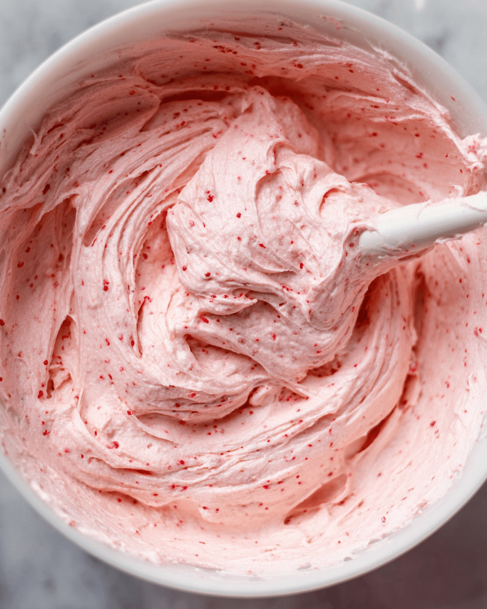 A close-up view of a white bowl filled with soft, light pink frosting that has small red specks mixed evenly throughout. The frosting looks creamy and fluffy, with visible swirls and folds that show its smooth texture. A white spatula is partially submerged in the frosting, with some of the frosting clinging to it. The bowl sits on a white marbled surface. photo taken with an iphone --ar 4:5 --v 7