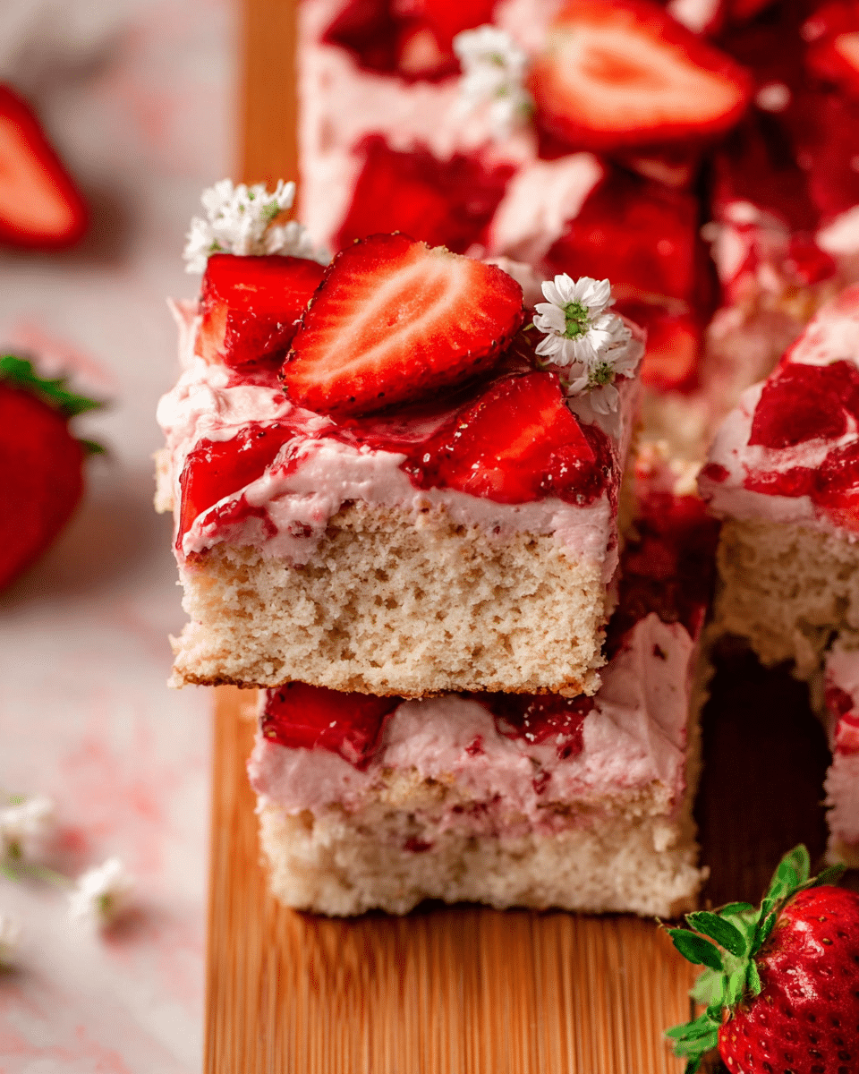 The image shows square pieces of strawberry cake stacked on a wooden board over a white marbled surface. Each piece has two visible layers: the bottom layer is a light beige, soft cake with tiny strawberry bits inside, and the top layer consists of a thick, creamy pink frosting mixed with chunks of bright red strawberry sauce. Each piece is garnished with fresh strawberry halves, their bright red color shining brightly against the creamy frosting. Small white flowers add a delicate touch to the scene. The focus is close up on one piece that shows the soft texture of the cake and the creamy rich strawberry topping photo taken with an iphone --ar 4:5 --v 7