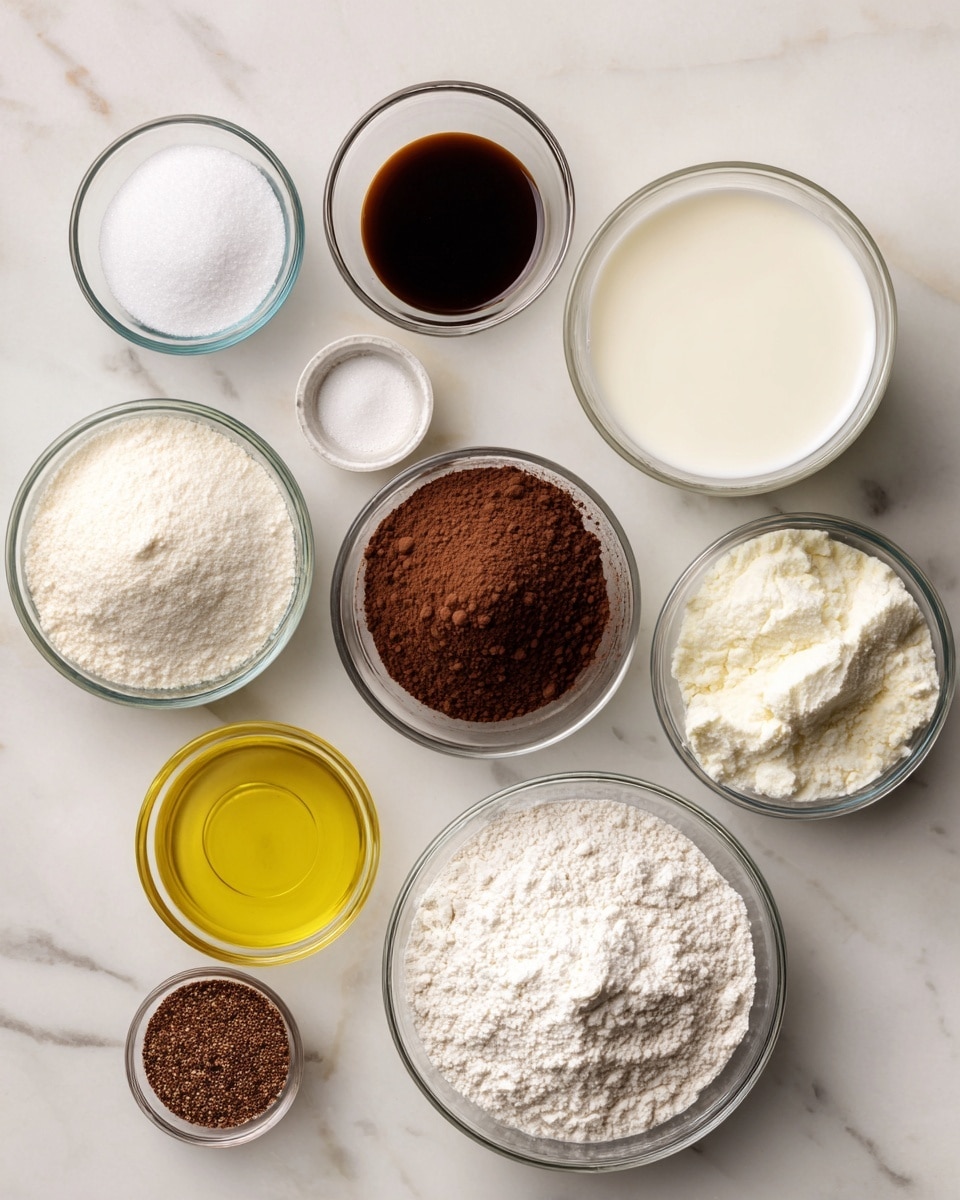 The image shows nine glass bowls with different baking ingredients arranged on a white marbled surface. Starting from the top left, there is a small bowl with fine white salt, a small bowl with dark brown vanilla extract in the center, and a medium bowl filled with white milk on the top right. Below the salt is a small bowl containing white baking powder, next to it is a medium bowl filled with deep brown cocoa powder slightly to the right, and a large bowl on the right filled with fluffy white sugar. At the bottom left is a small bowl with yellow vegetable oil, and to its right is a medium bowl full of fine white flour. There is also a small bowl of espresso powder with brown granules placed near the bottom left center. Each ingredient is clearly labeled above or below the corresponding bowl. The photo was taken with an iphone --ar 4:5 --v 7