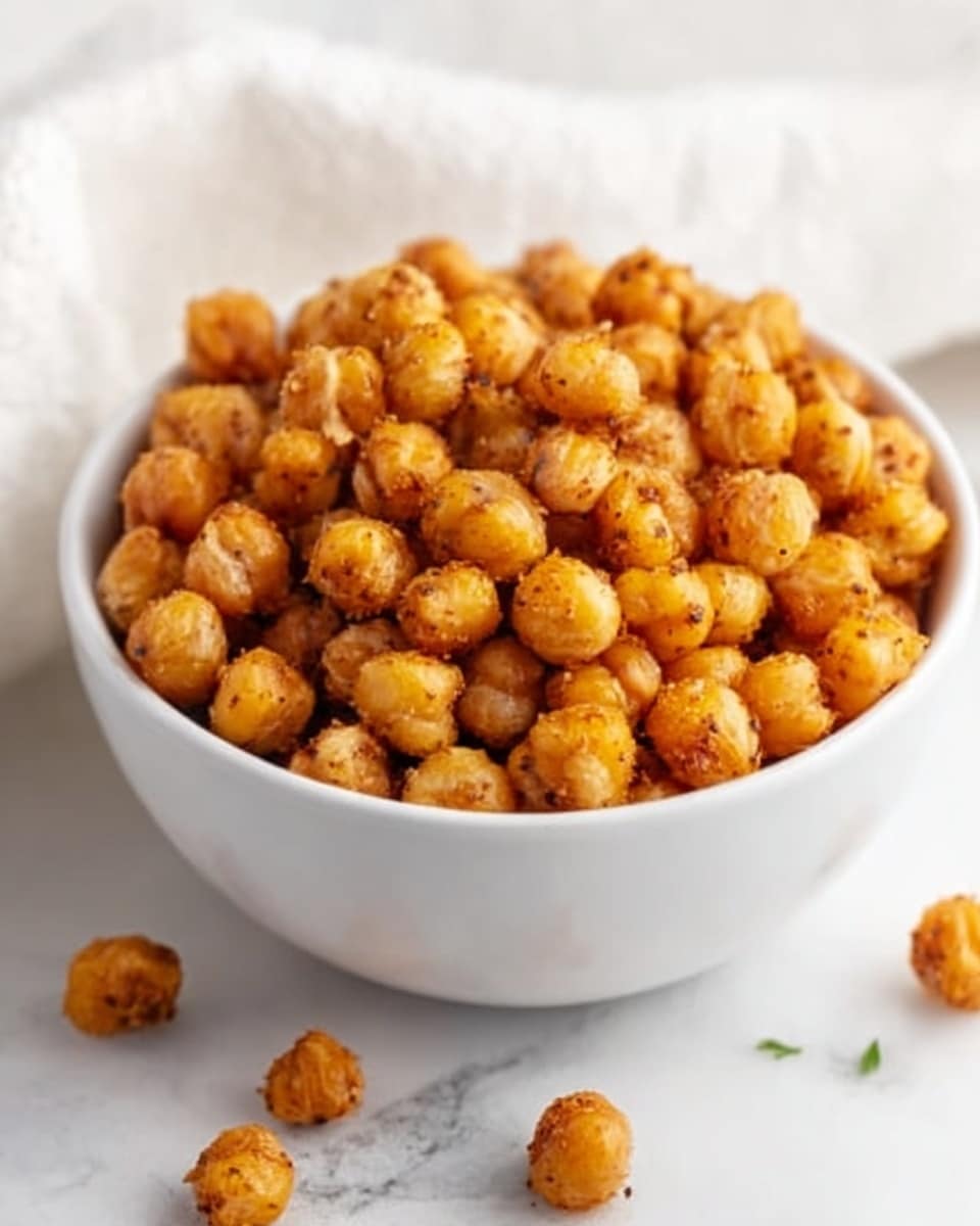 A white bowl filled with golden-brown roasted chickpeas, each chickpea slightly textured with crispy edges and a few specks of seasoning visible on them. The chickpeas fill the bowl full, with a few scattered on the white marbled surface next to it. The background is soft and bright, with a casual white cloth folded next to the bowl. The overall look is warm and inviting, showing a simple, crunchy snack. photo taken with an iphone --ar 4:5 --v 7