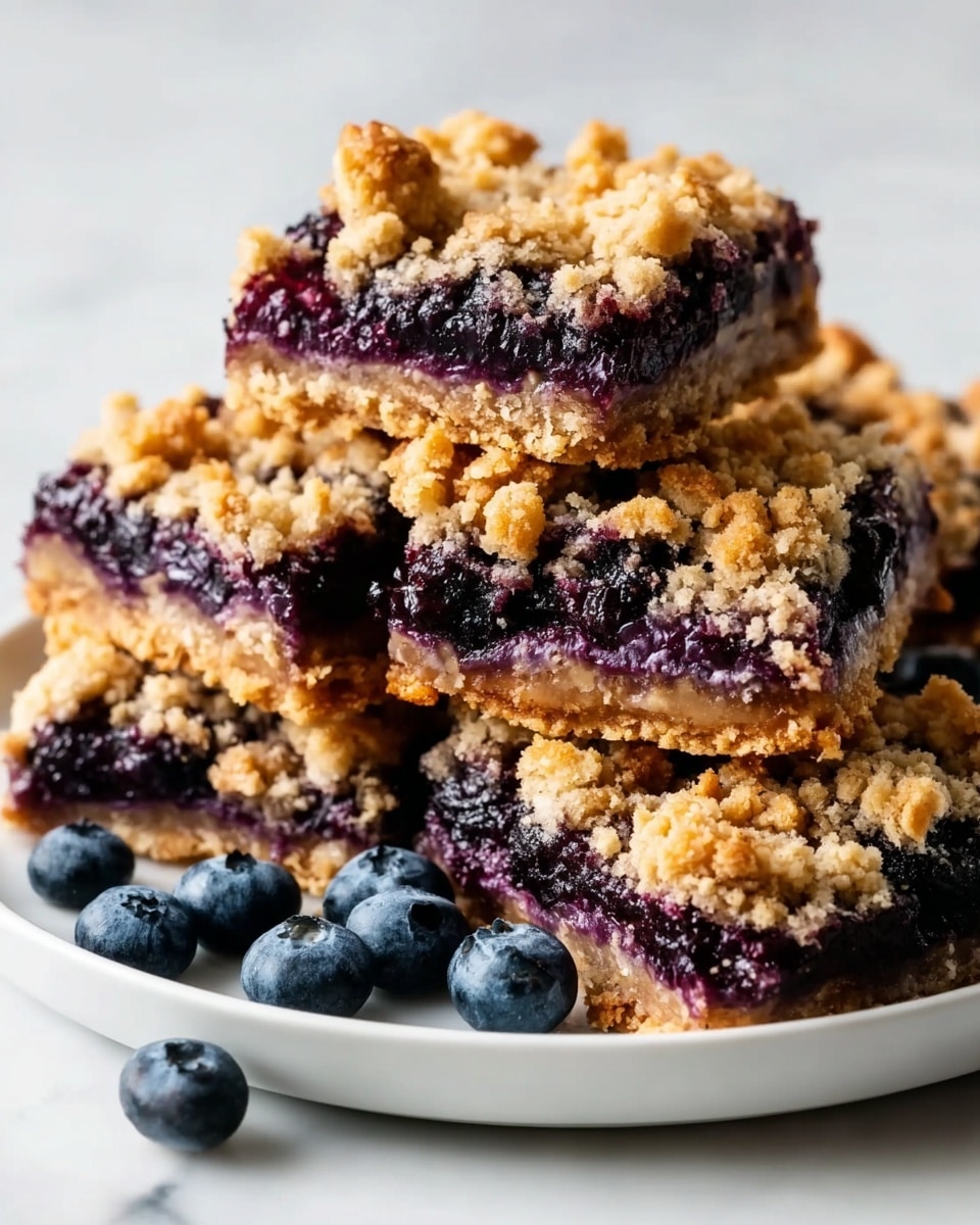 A white plate stacked with several square bars of blueberry crumble dessert, each bar showing three clear layers: a golden brown crumbly base, a thick, dark purple blueberry filling in the middle with a juicy texture, and a golden crumb topping with rough, small chunks. Fresh whole blueberries are scattered on and around the bars on the white plate, adding pops of deep blue against the warm colors of the dessert. The plate sits on a white marbled surface, creating a clean, bright background that makes the colors of the bars and blueberries stand out. photo taken with an iphone --ar 4:5 --v 7